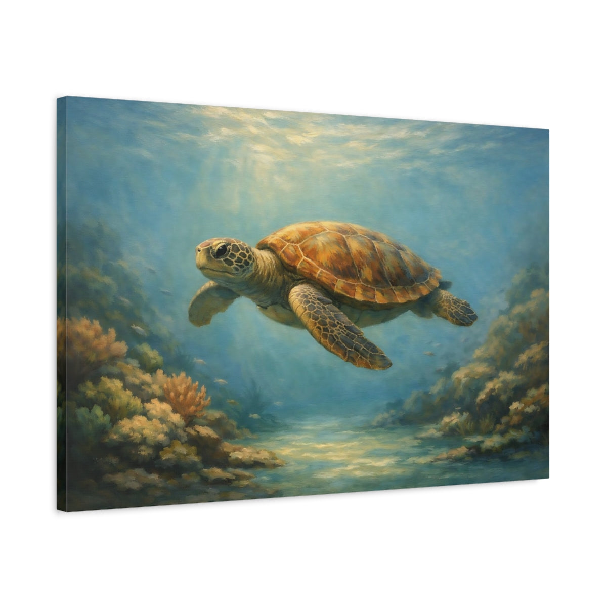 Side Mockup 2. Nature Sea Turtle Blue And Brown shown as stretched canvas wall art