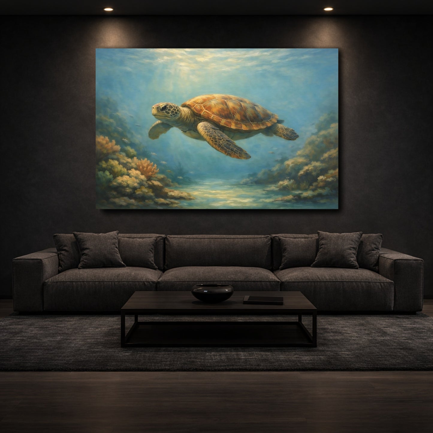 Mockup 2. Nature Sea Turtle Blue And Brown shown as stretched canvas wall art
