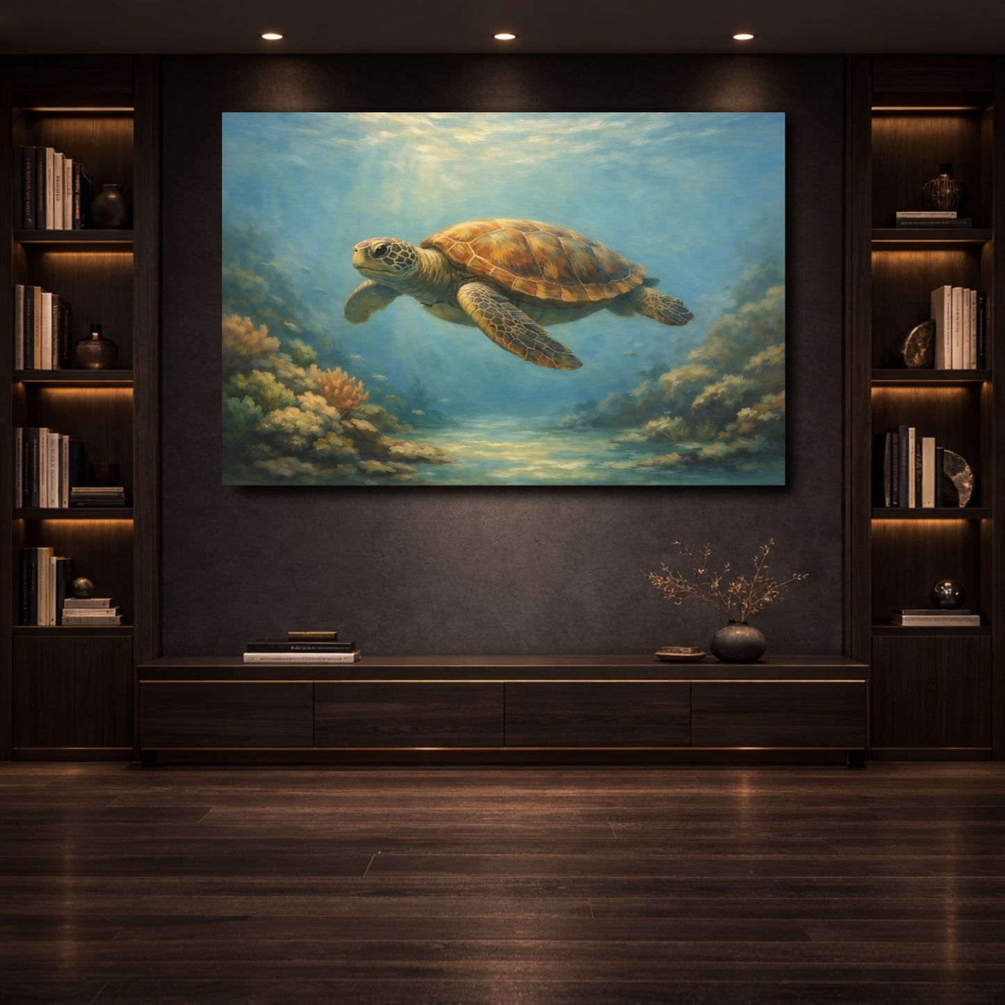 Mockup 3. Nature Sea Turtle Blue And Brown shown as stretched canvas wall art