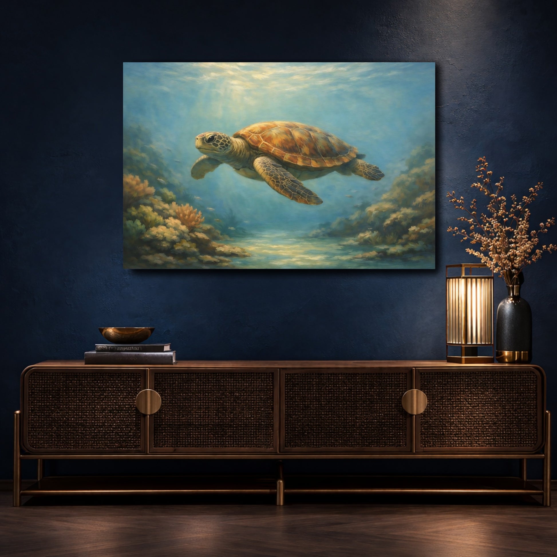 Mockup 4. Nature Sea Turtle Blue And Brown shown as stretched canvas wall art