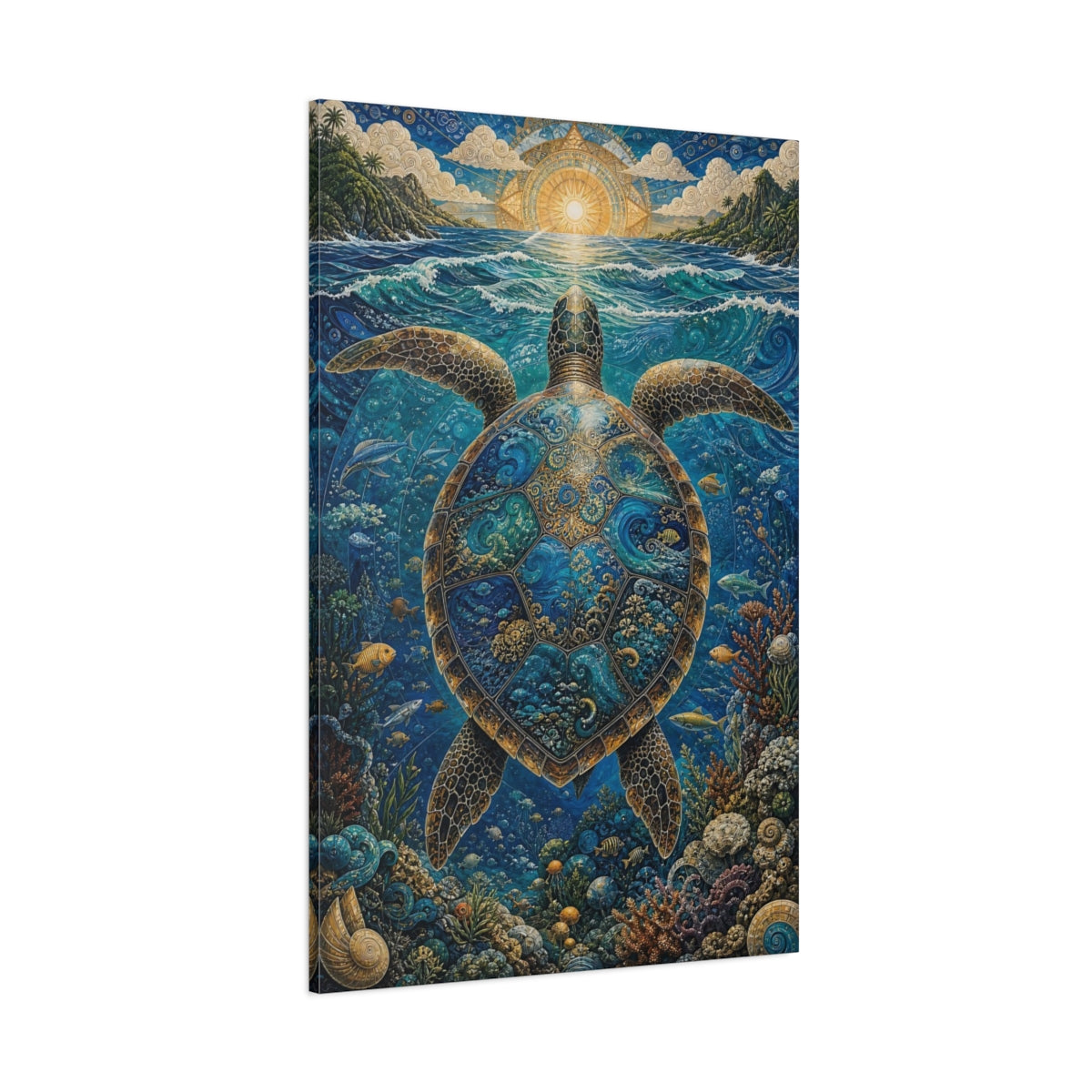 Side Mockup 1. Nature Sea Turtle Blue Sea Turtle shown as stretched canvas wall art