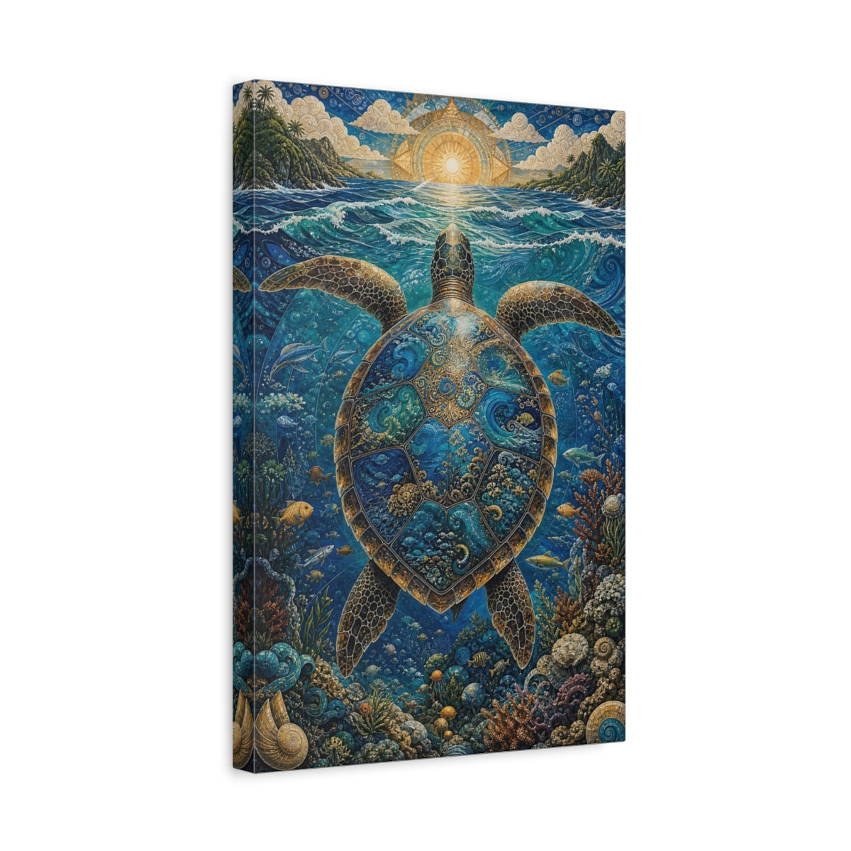Side Mockup 4. Nature Sea Turtle Blue Sea Turtle shown as stretched canvas wall art