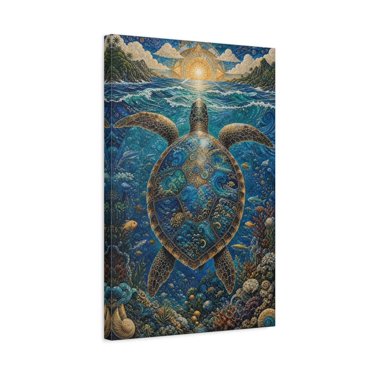 Side Mockup 3. Nature Sea Turtle Blue Sea Turtle shown as stretched canvas wall art