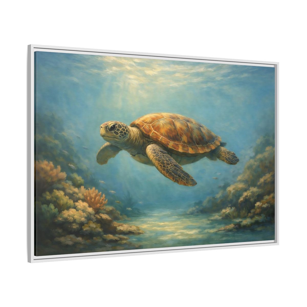 Side Mockup 7. Nature Sea Turtle Sea Turtle Blue shown as stretched canvas wall art