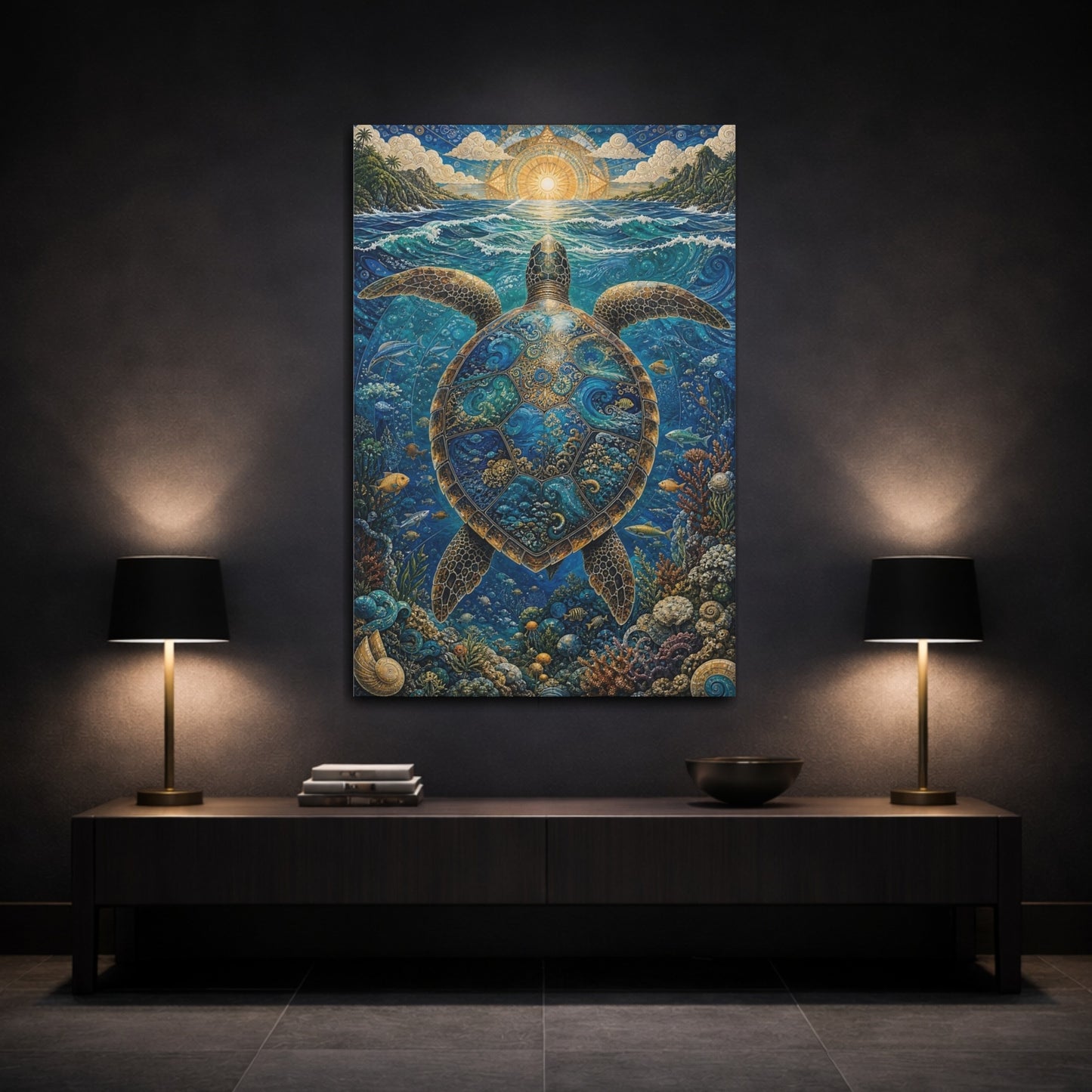 Mockup 3. Nature Sea Turtle Blue Sea Turtle shown as stretched canvas wall art