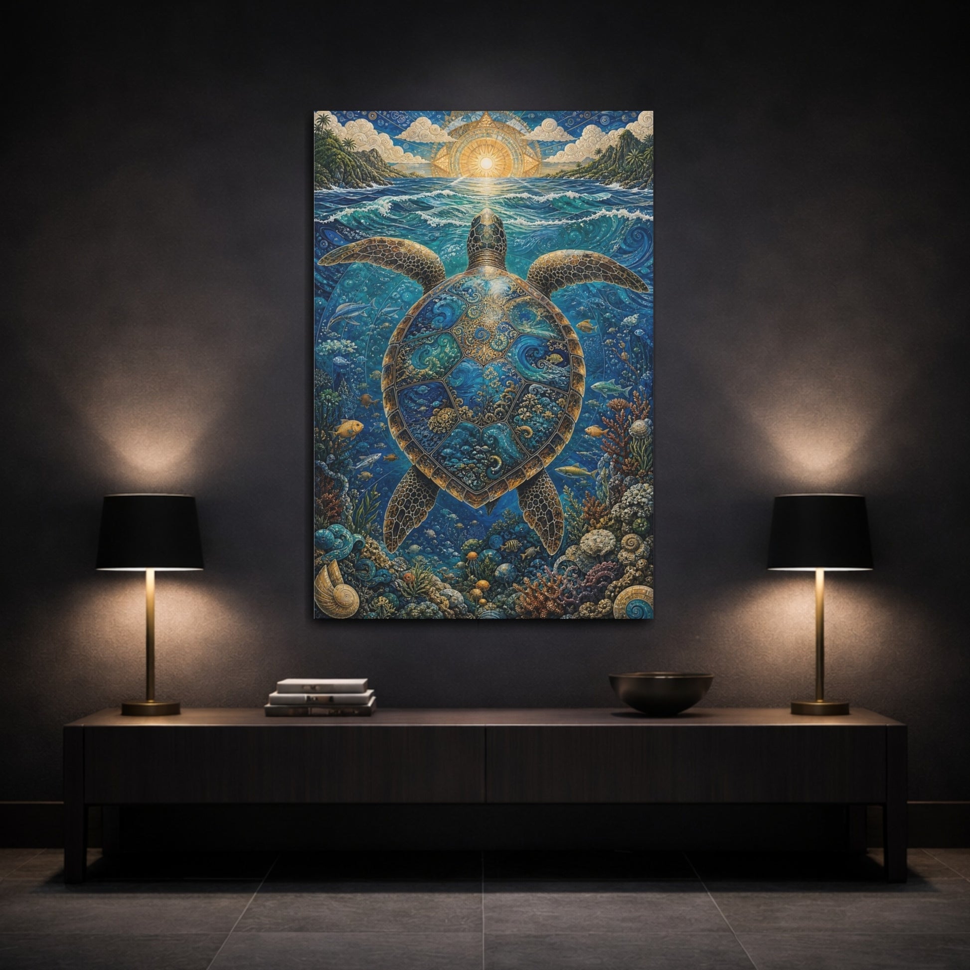 Mockup 3. Nature Sea Turtle Blue Sea Turtle shown as stretched canvas wall art