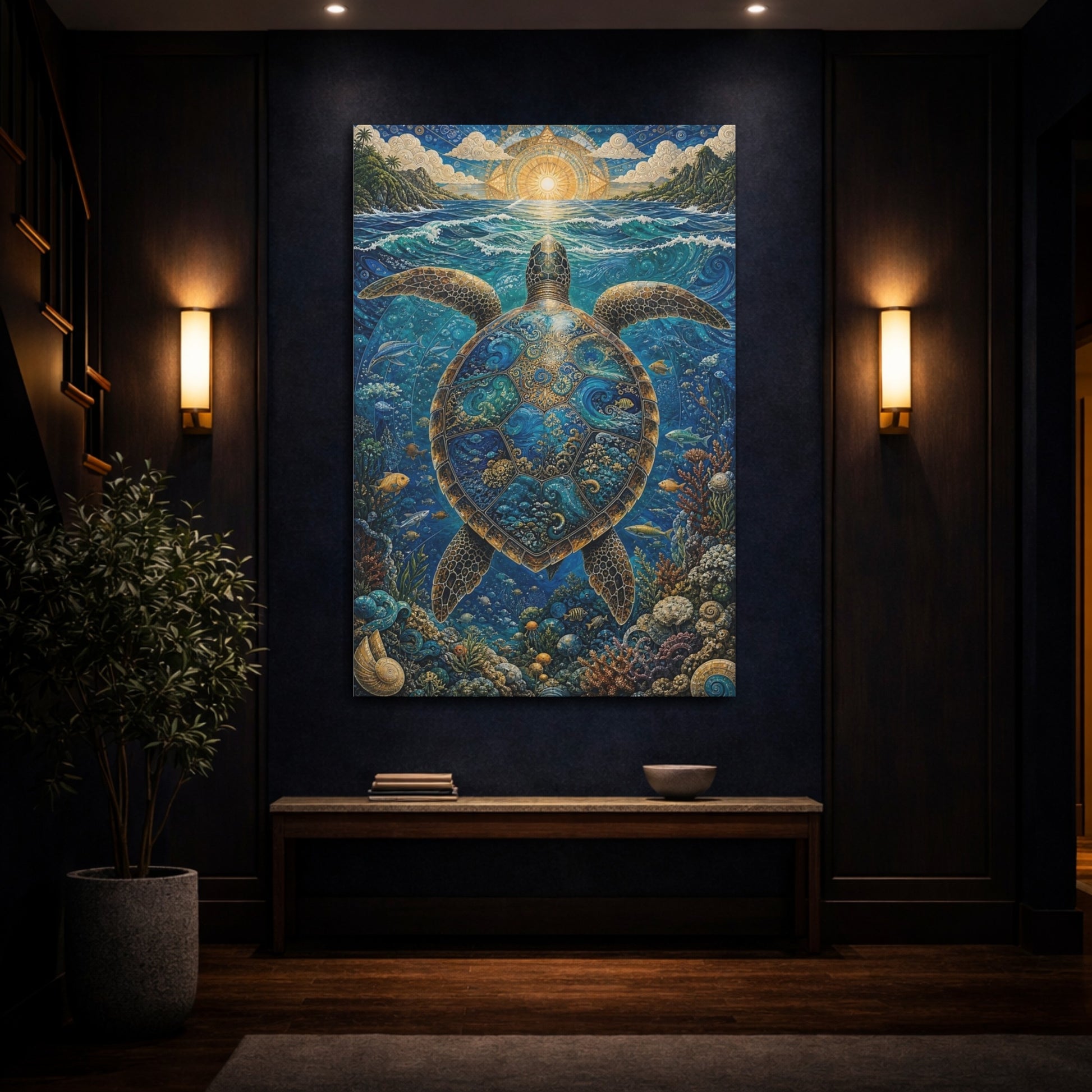 Mockup 4. Nature Sea Turtle Blue Sea Turtle shown as stretched canvas wall art