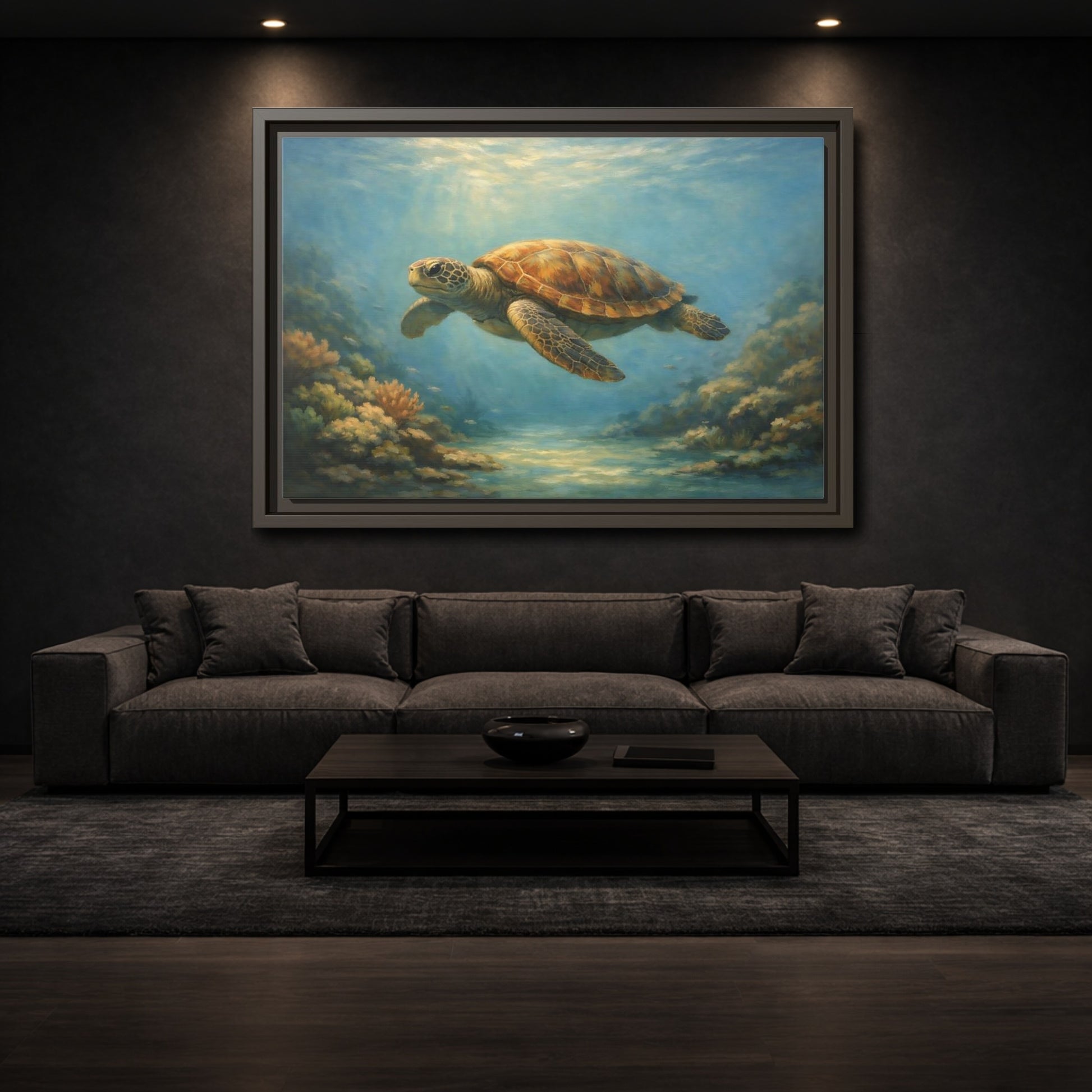 Mockup 2. Nature Sea Turtle Sea Turtle Blue shown as stretched canvas wall art