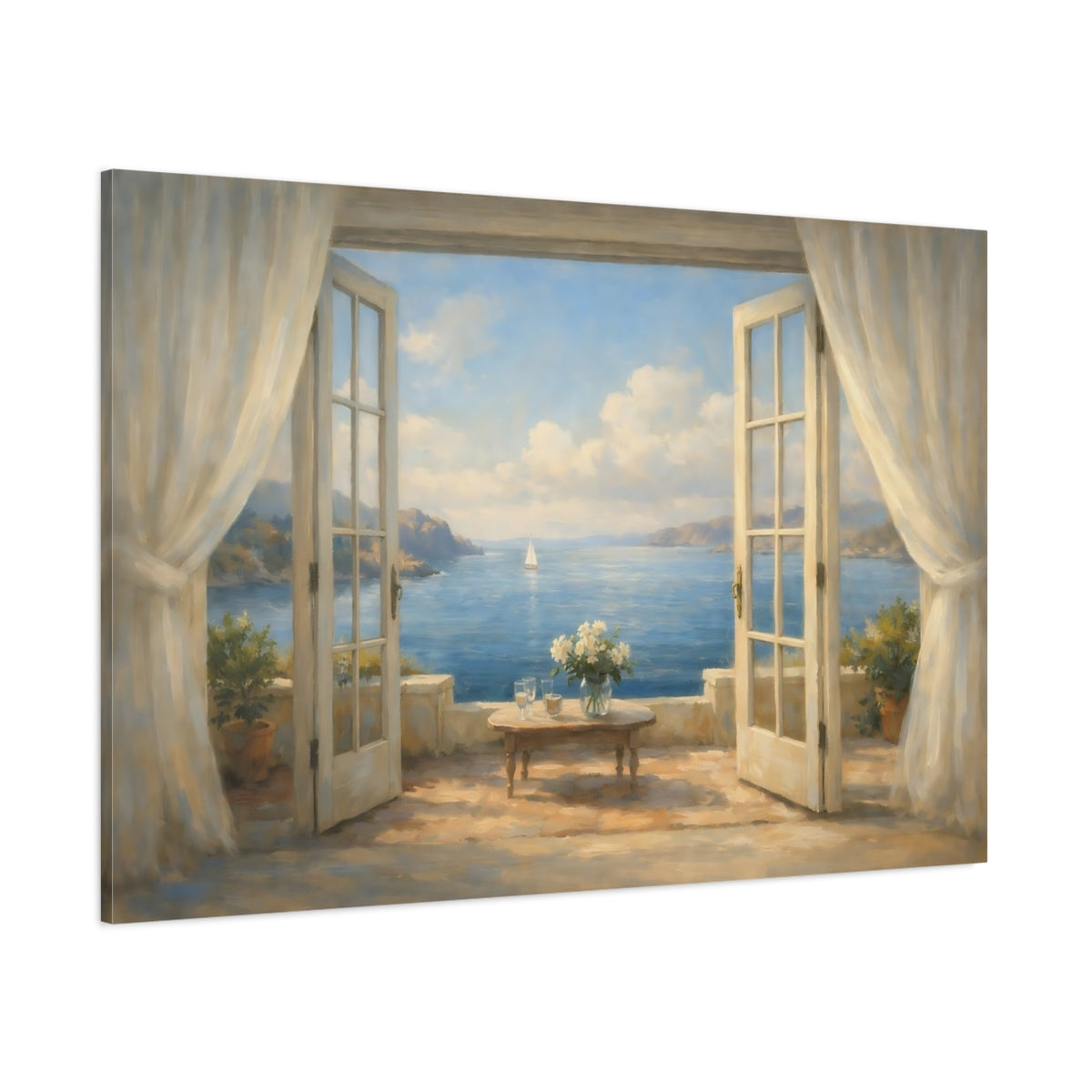 Main Mockup. Nature Sea View Blue And Cream Coastal shown as stretched canvas wall art