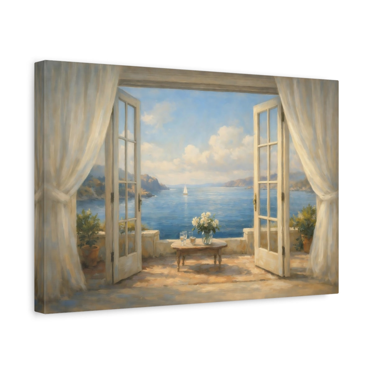 Side Mockup 4. Nature Sea View Blue And Cream Coastal shown as stretched canvas wall art