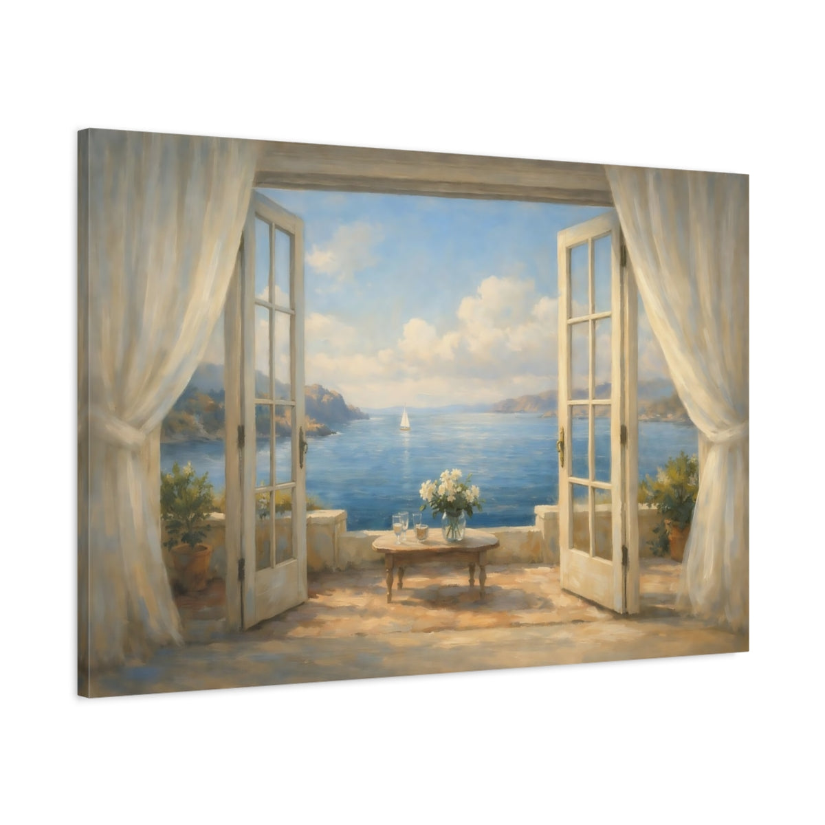 Side Mockup 1. Nature Sea View Blue And Cream Coastal shown as stretched canvas wall art