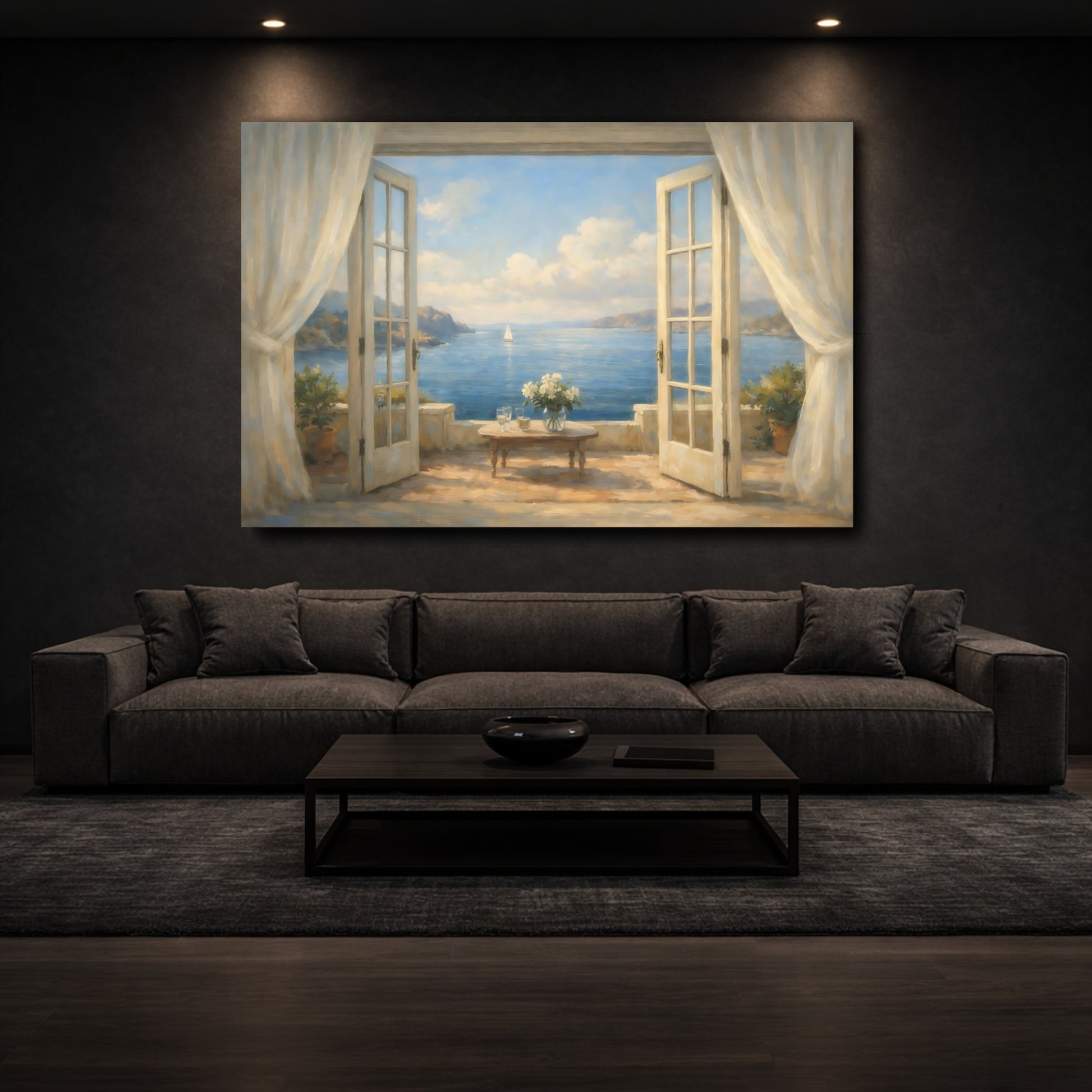 Mockup 2. Nature Sea View Blue And Cream Coastal shown as stretched canvas wall art