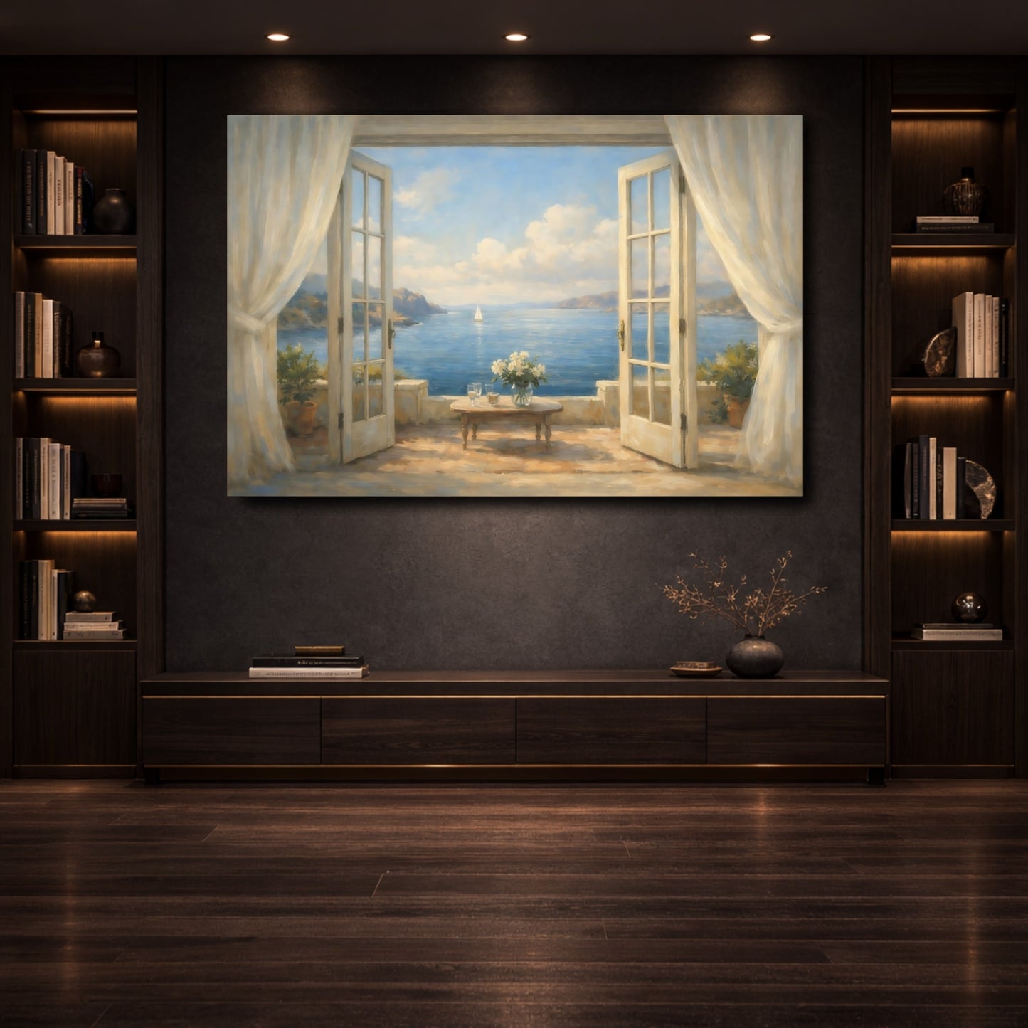 Mockup 3. Nature Sea View Blue And Cream Coastal shown as stretched canvas wall art