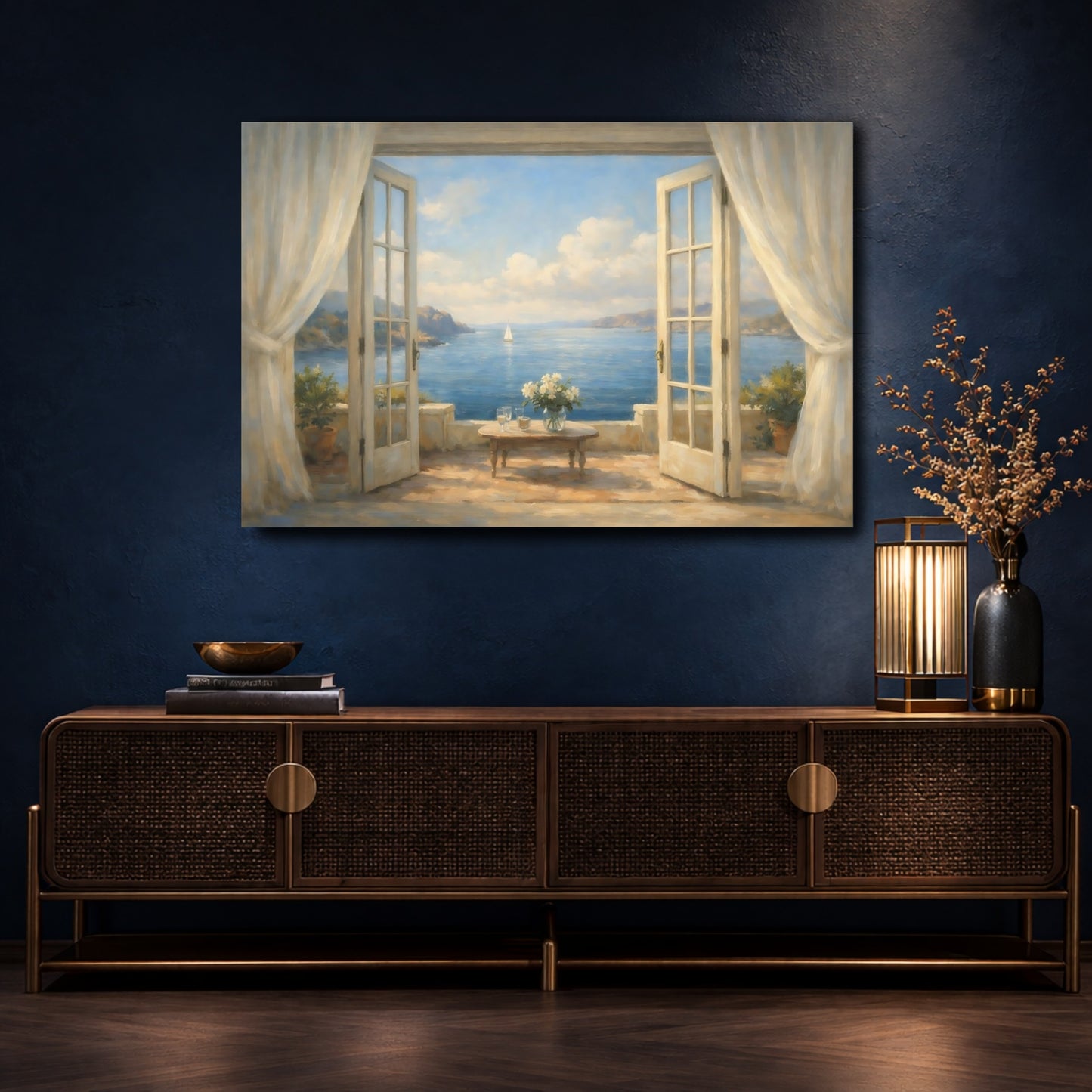 Mockup 4. Nature Sea View Blue And Cream Coastal shown as stretched canvas wall art