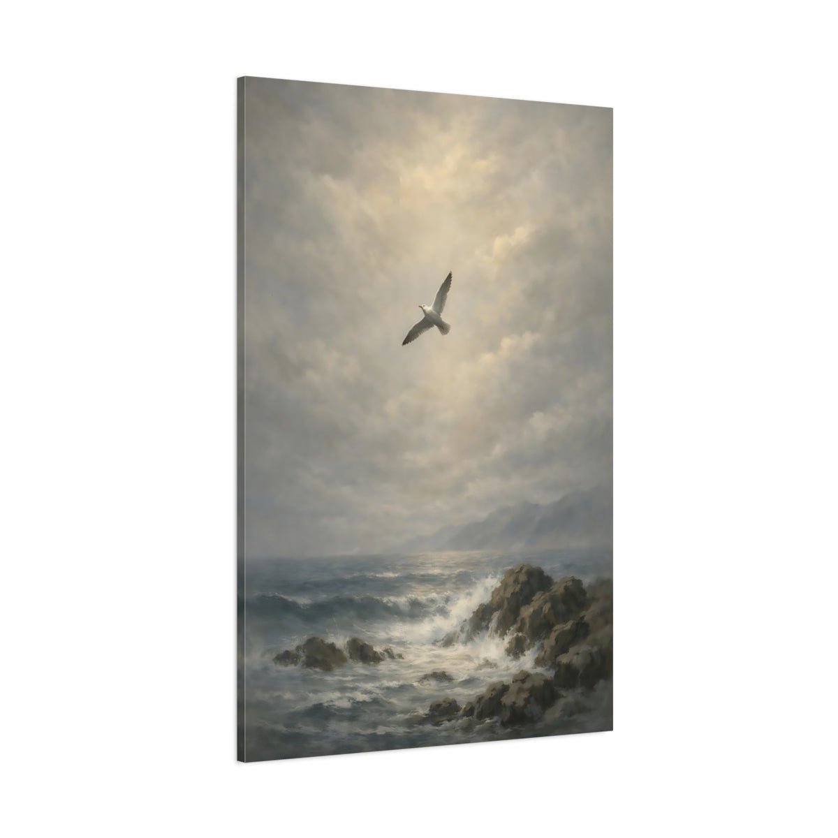 Main Mockup. Nature Seagull Grey Ocean Art shown as stretched canvas wall art