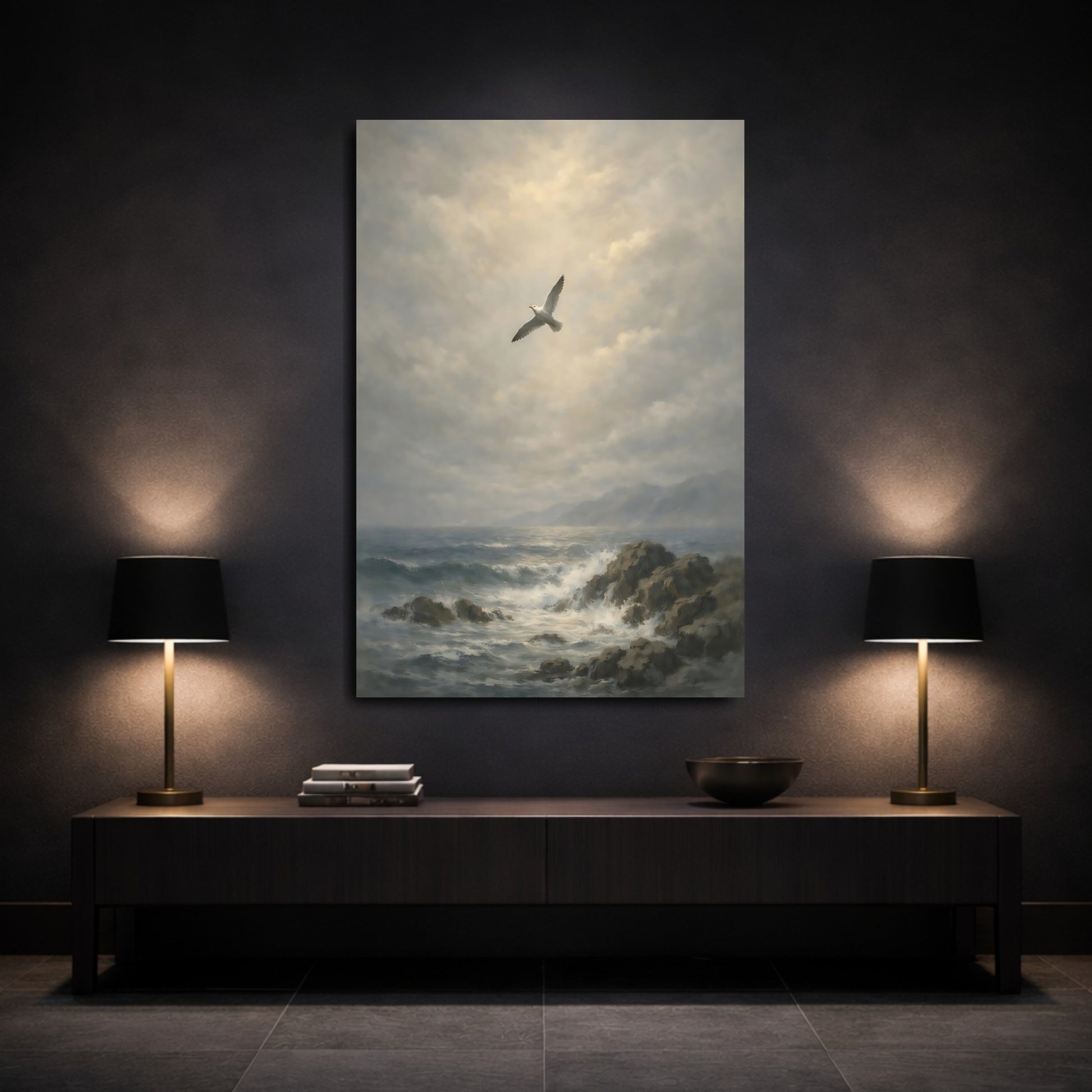 Mockup 2. Nature Seagull Grey Ocean Art shown as stretched canvas wall art