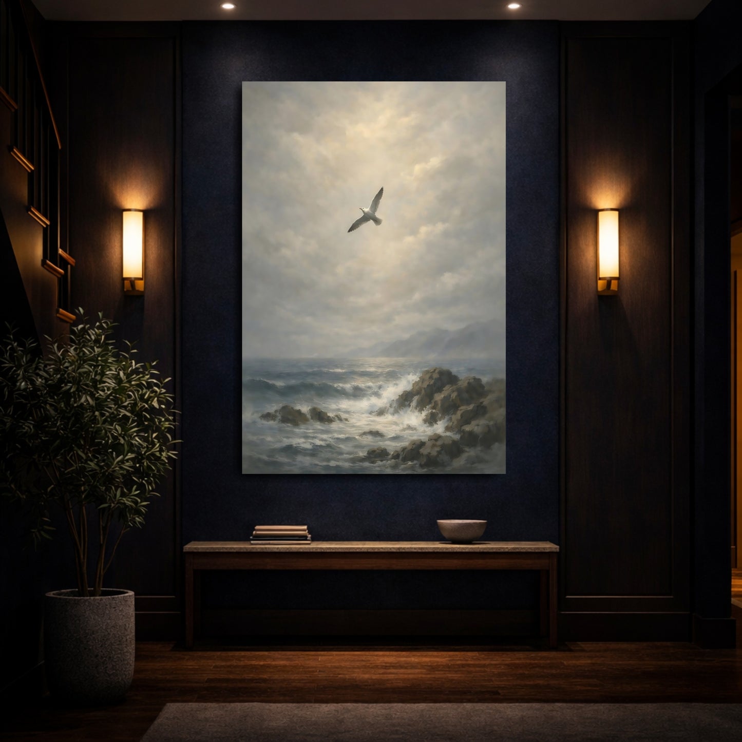Mockup 3. Nature Seagull Grey Ocean Art shown as stretched canvas wall art