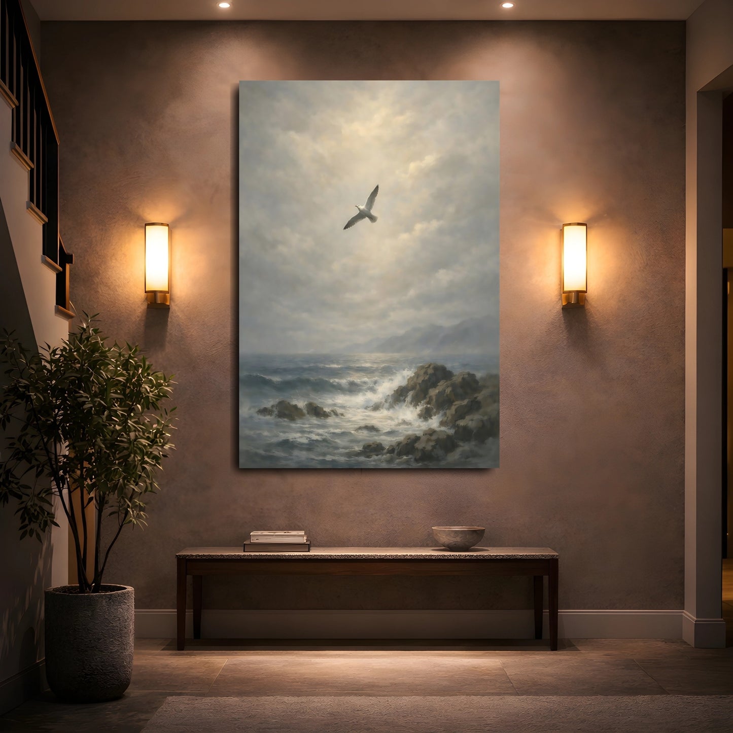 Mockup 4. Nature Seagull Grey Ocean Art shown as stretched canvas wall art