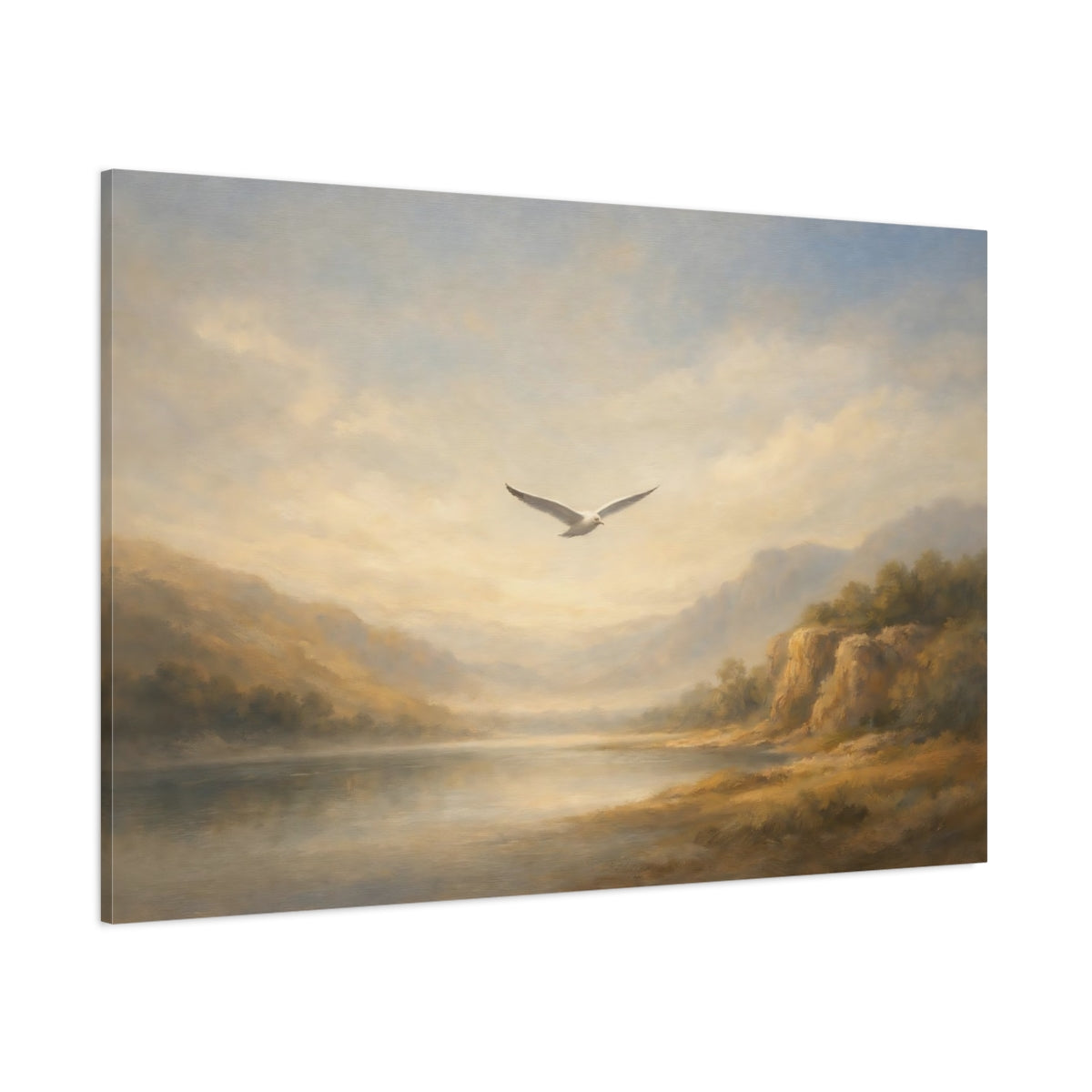 Main Mockup. Nature Seagull Misty Landscape shown as stretched canvas wall art