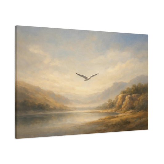 Main Mockup. Nature Seagull Misty Landscape shown as stretched canvas wall art