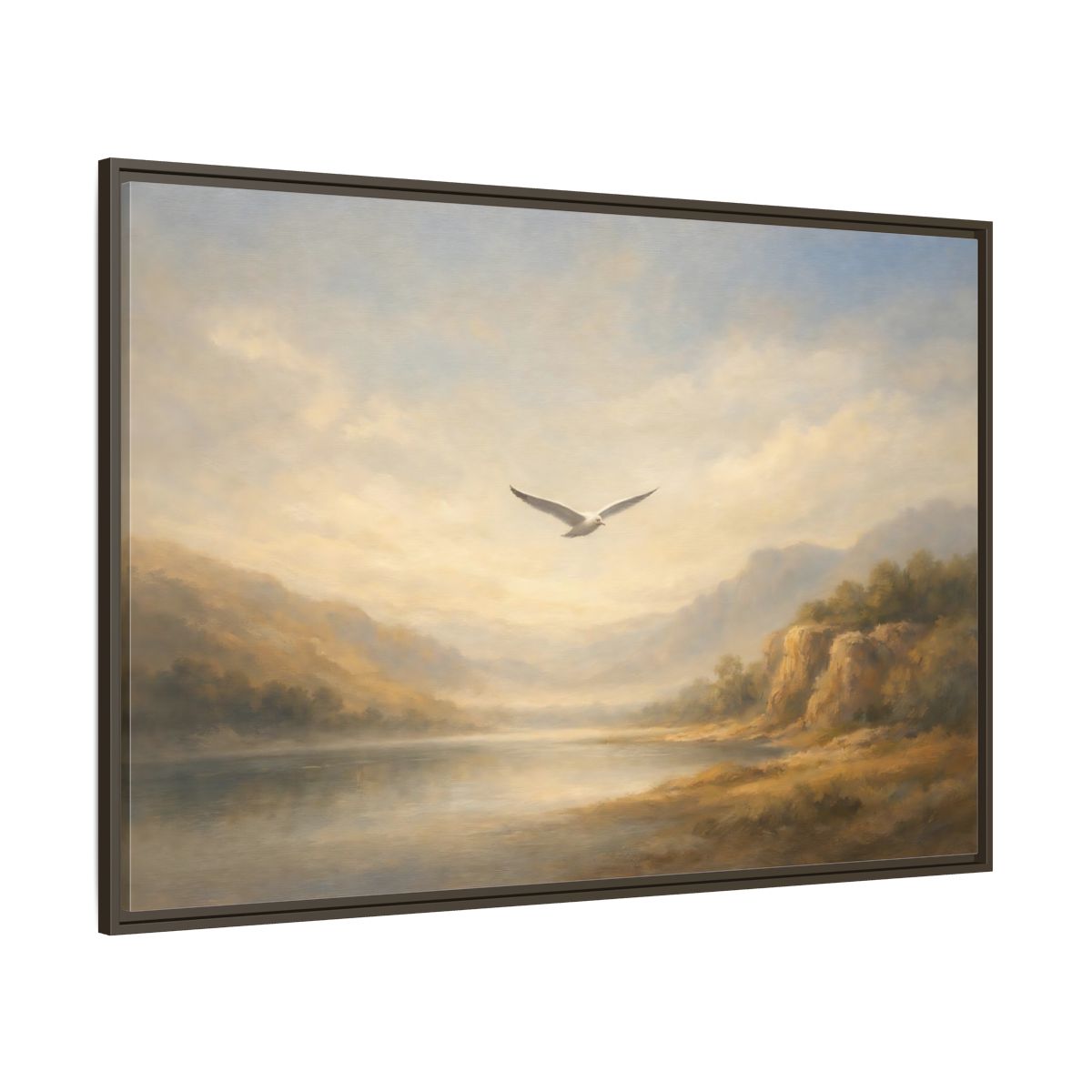 Main Mockup. Nature Seagull Misty Landscape shown as stretched canvas wall art
