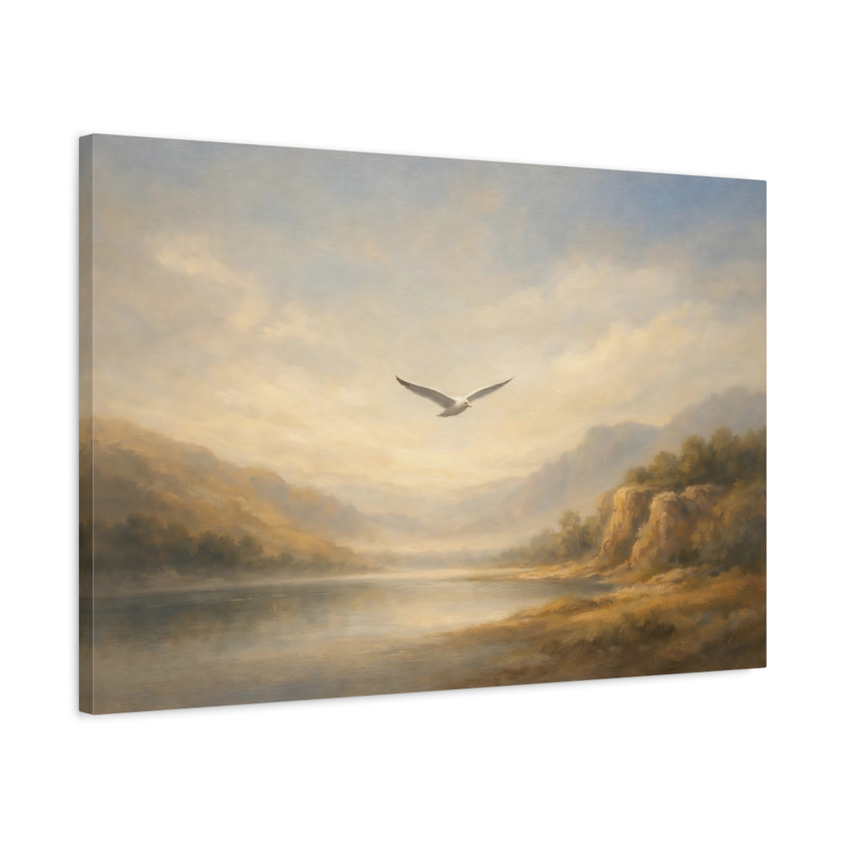 Side Mockup 2. Nature Seagull Misty Landscape shown as stretched canvas wall art