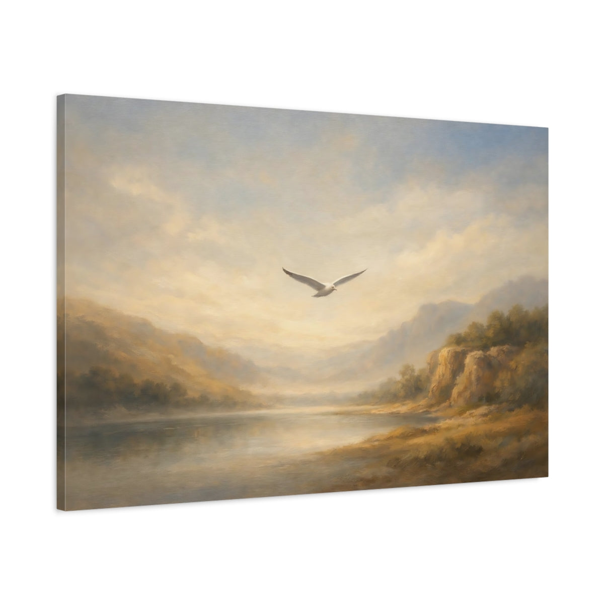 Side Mockup 1. Nature Seagull Misty Landscape shown as stretched canvas wall art