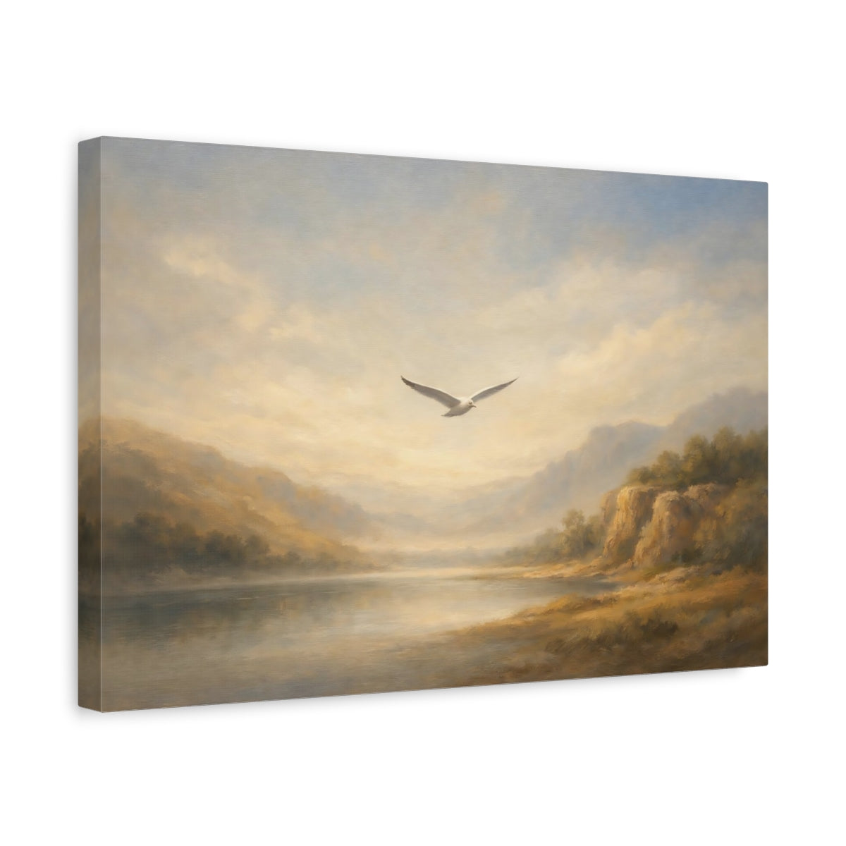 Side Mockup 4. Nature Seagull Misty Landscape shown as stretched canvas wall art