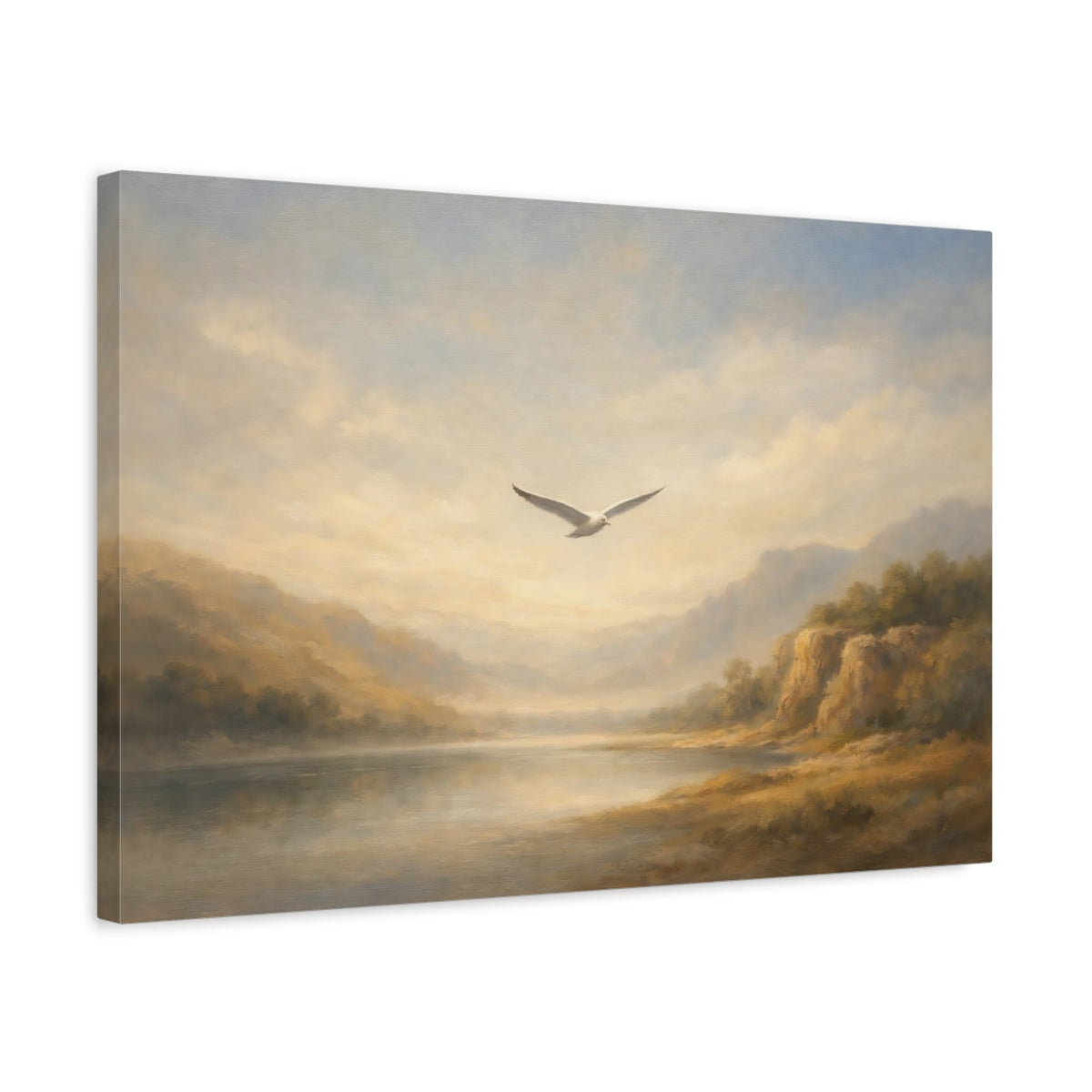 Side Mockup 3. Nature Seagull Misty Landscape shown as stretched canvas wall art
