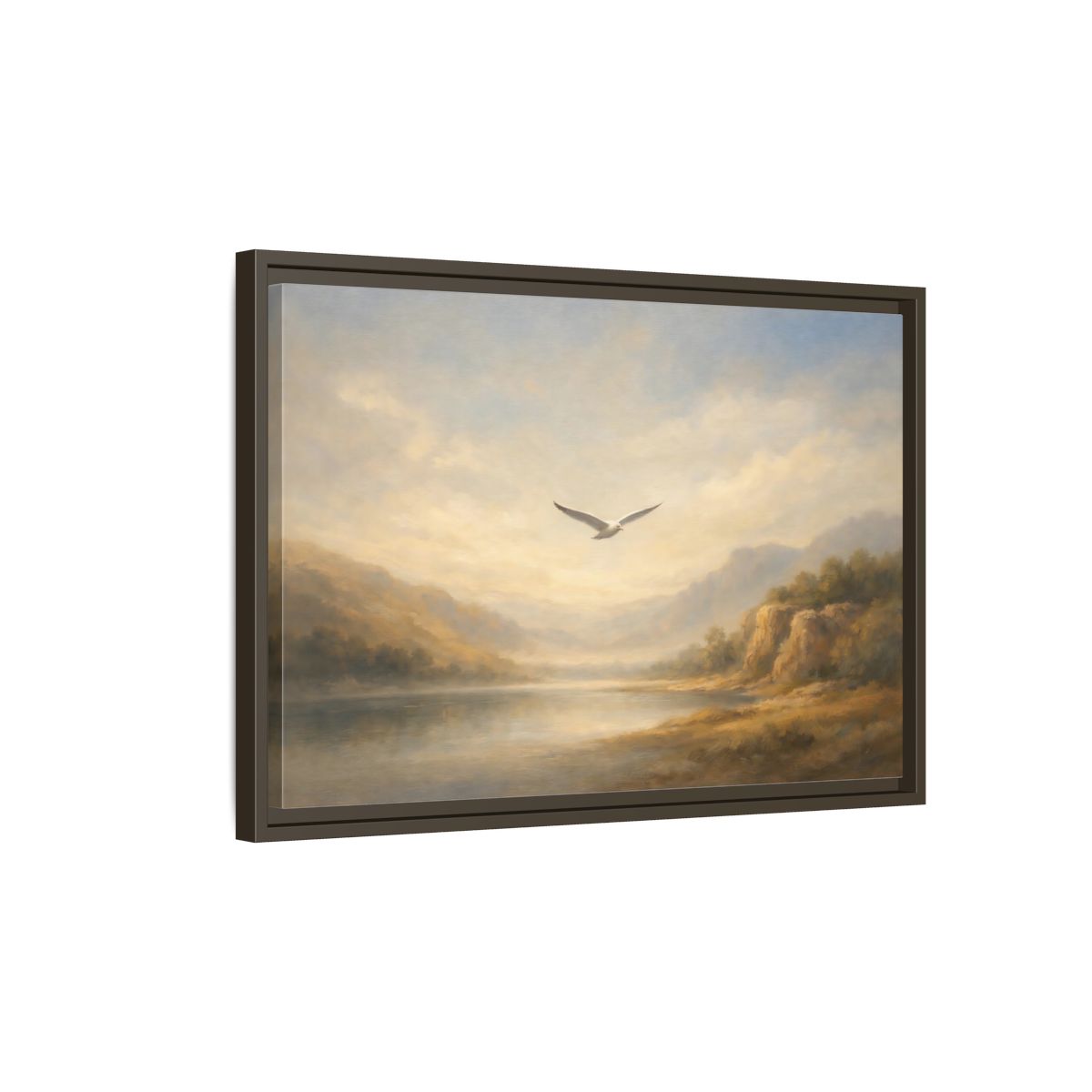 Side Mockup 2. Nature Seagull Misty Landscape shown as stretched canvas wall art