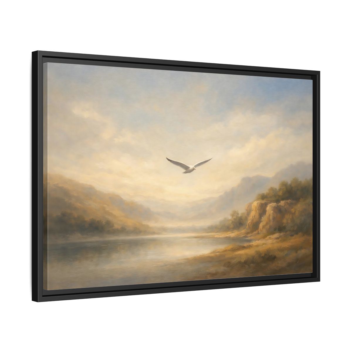 Side Mockup 14. Nature Seagull Misty Landscape shown as stretched canvas wall art
