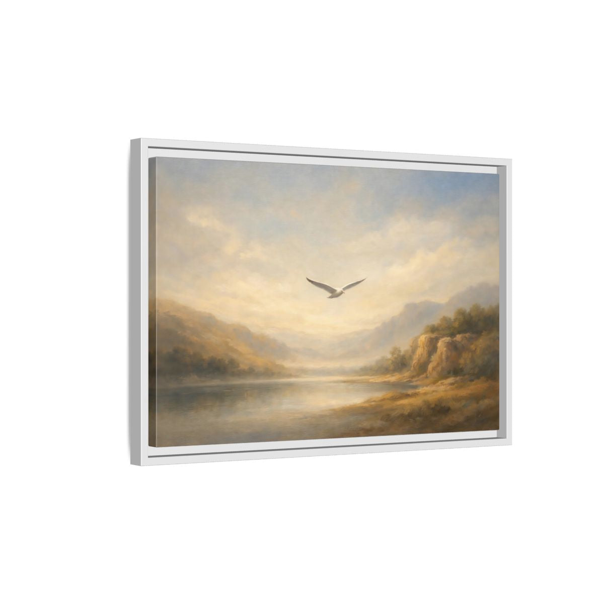 Side Mockup 1. Nature Seagull Misty Landscape shown as stretched canvas wall art