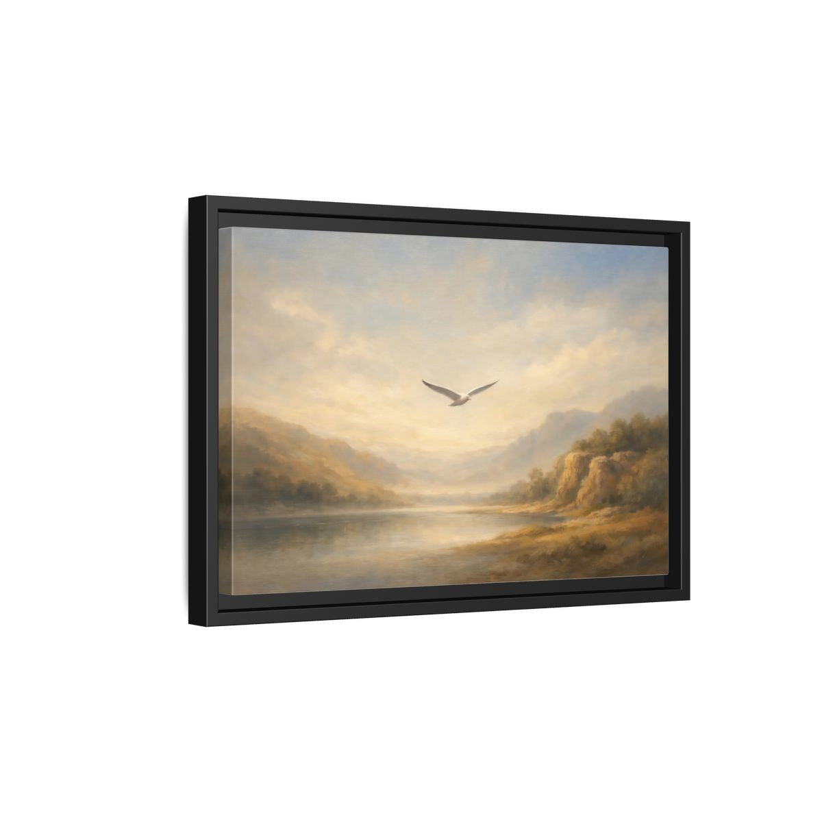 Side Mockup 6. Nature Seagull Misty Landscape shown as stretched canvas wall art