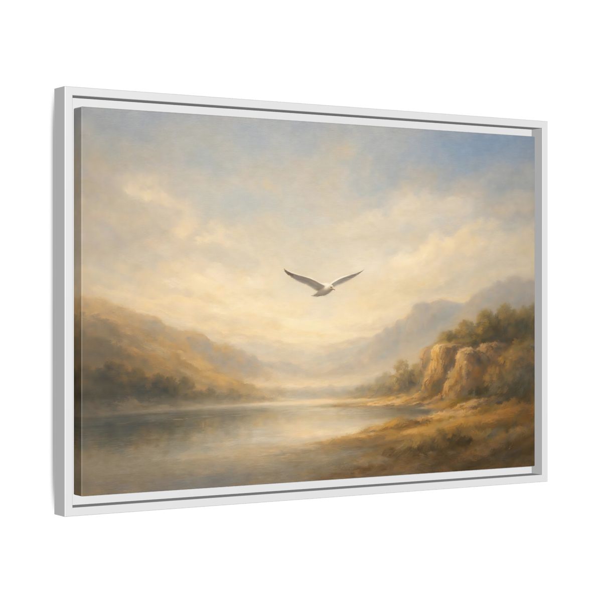 Side Mockup 10. Nature Seagull Misty Landscape shown as stretched canvas wall art