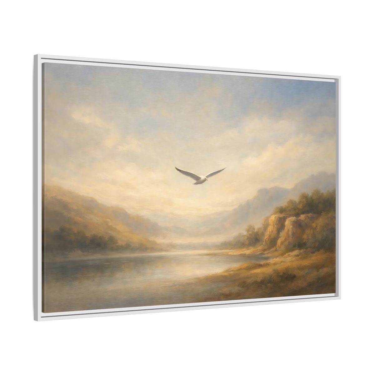 Side Mockup 7. Nature Seagull Misty Landscape shown as stretched canvas wall art