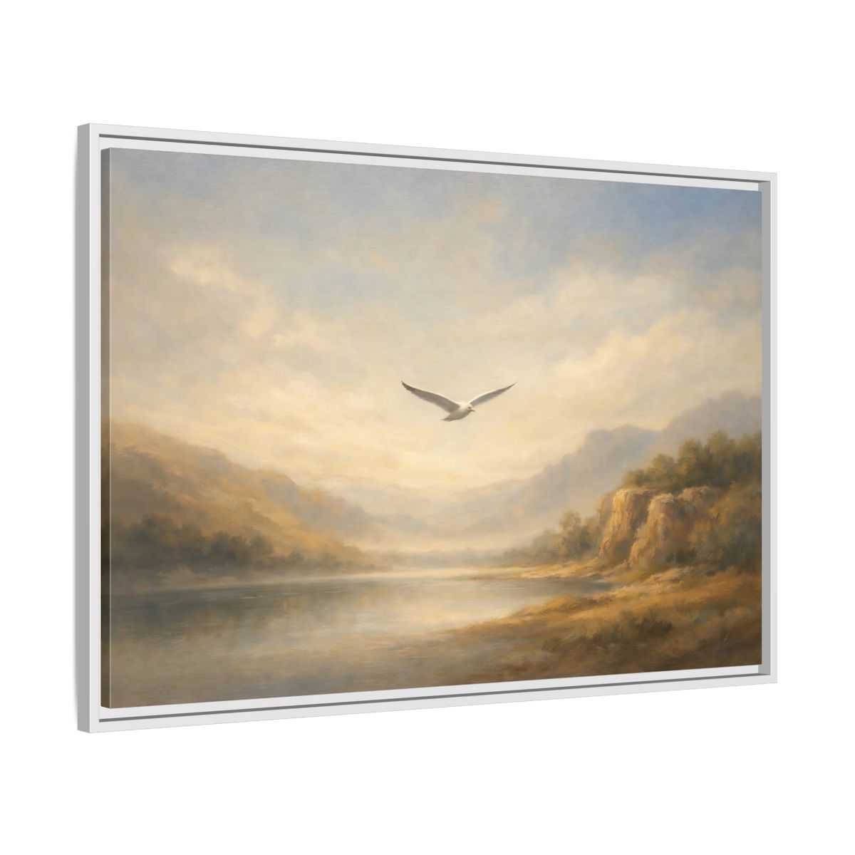 Side Mockup 8. Nature Seagull Misty Landscape shown as stretched canvas wall art