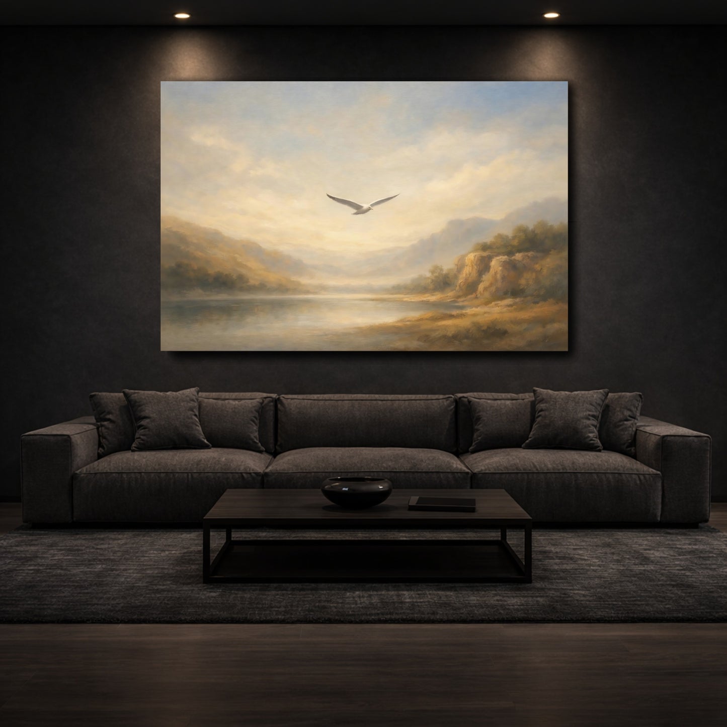 Mockup 2. Nature Seagull Misty Landscape shown as stretched canvas wall art