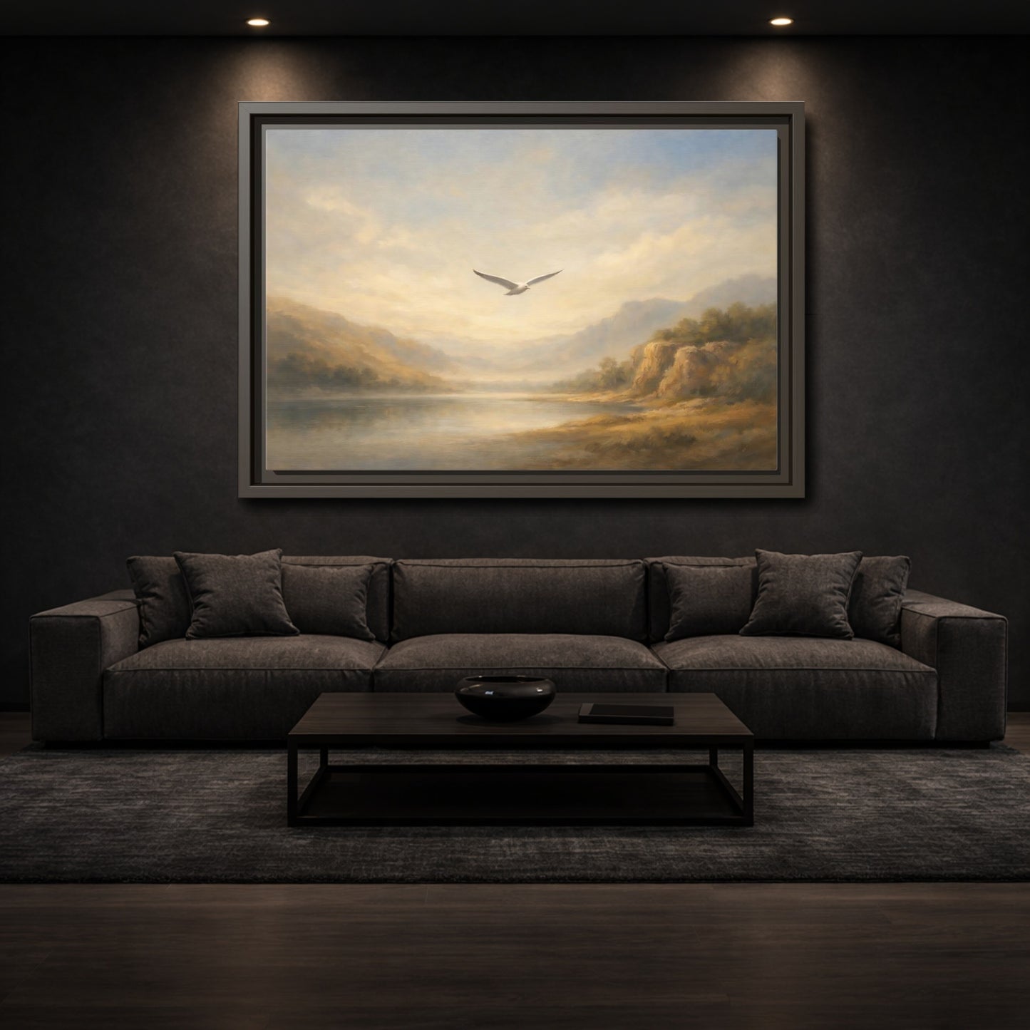 Mockup 2. Nature Seagull Misty Landscape shown as stretched canvas wall art