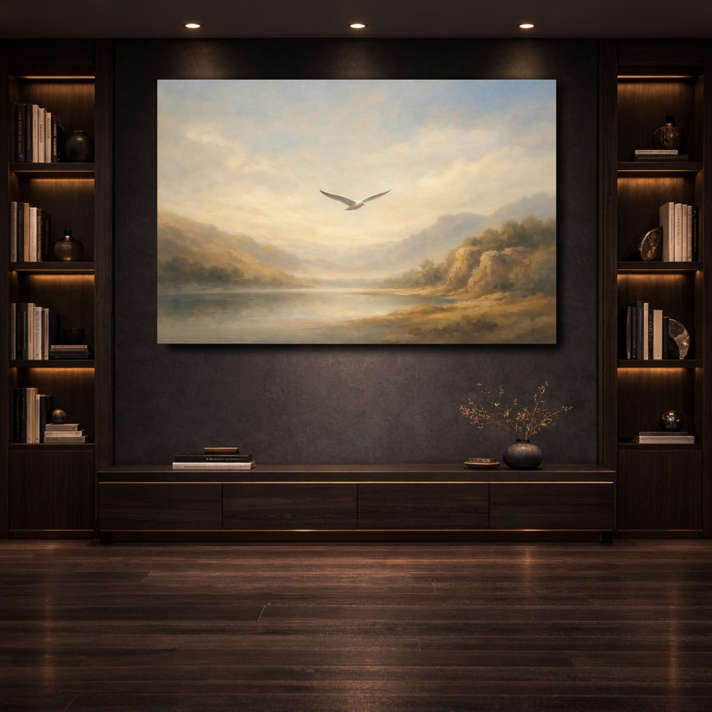 Mockup 3. Nature Seagull Misty Landscape shown as stretched canvas wall art