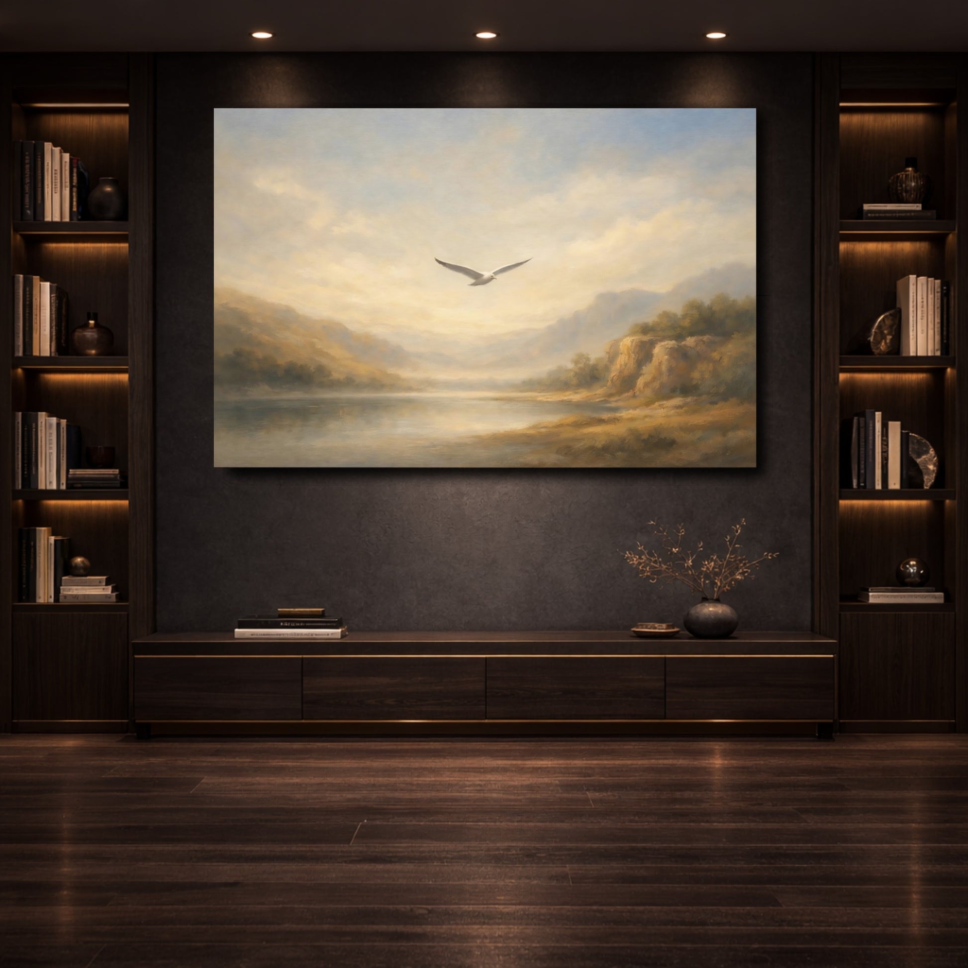 Mockup 3. Nature Seagull Misty Landscape shown as stretched canvas wall art