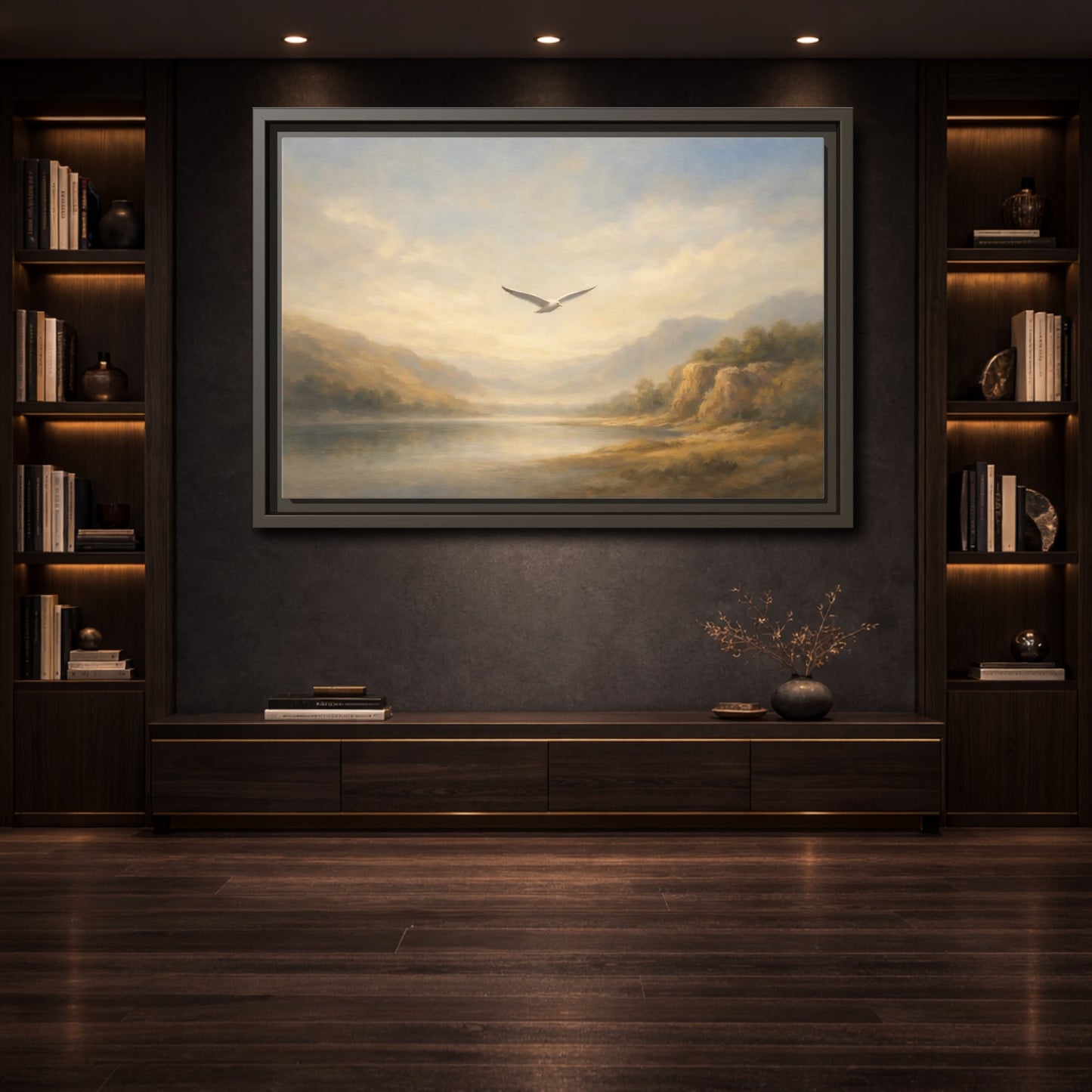 Mockup 3. Nature Seagull Misty Landscape shown as stretched canvas wall art