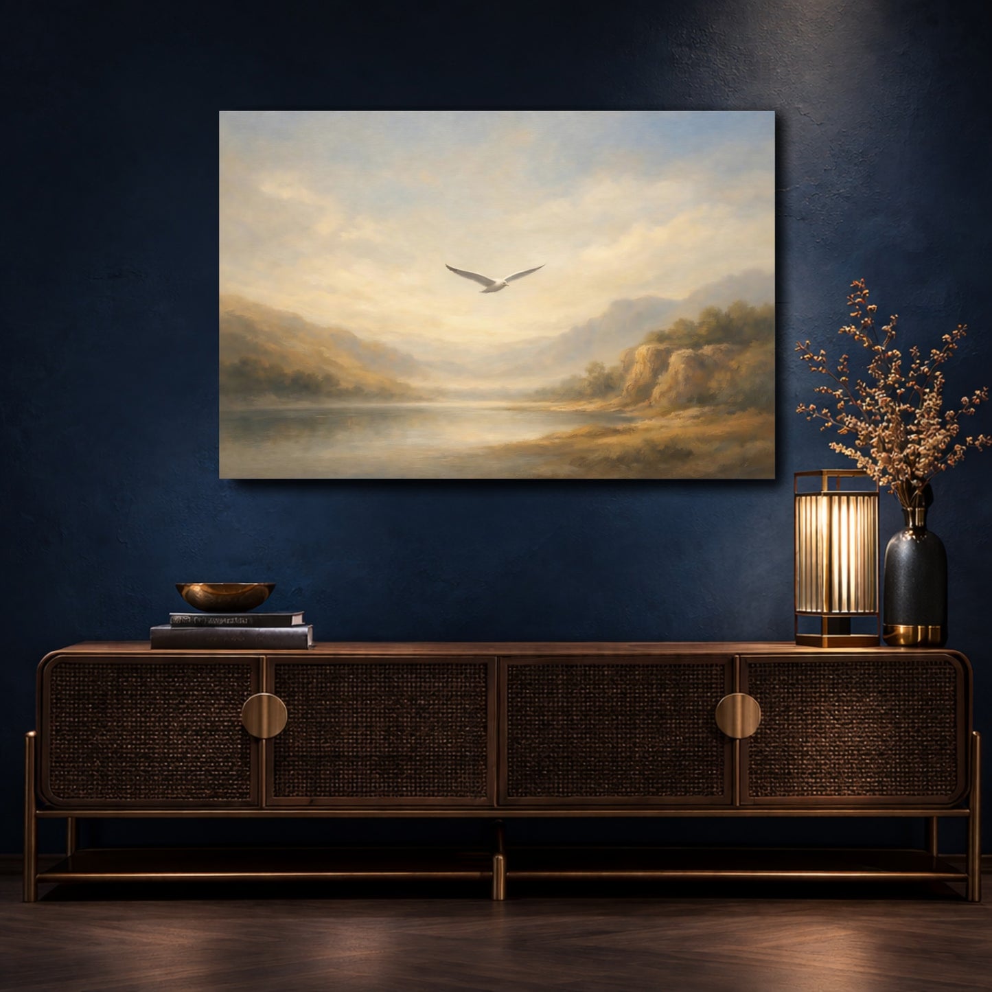 Mockup 4. Nature Seagull Misty Landscape shown as stretched canvas wall art