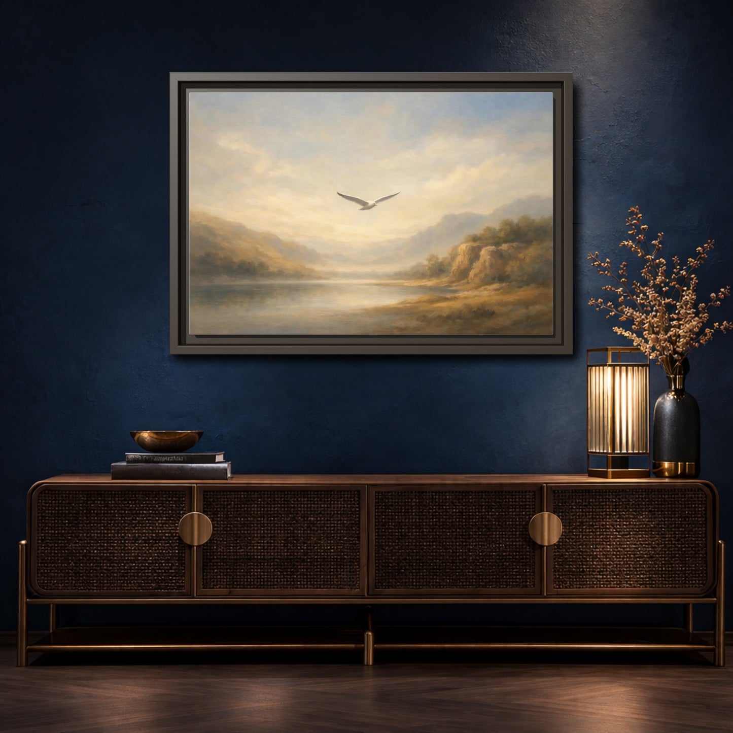 Mockup 4. Nature Seagull Misty Landscape shown as stretched canvas wall art