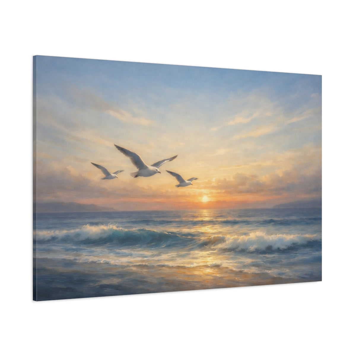 Main Mockup. Nature Seagulls Coastal Sunset shown as stretched canvas wall art