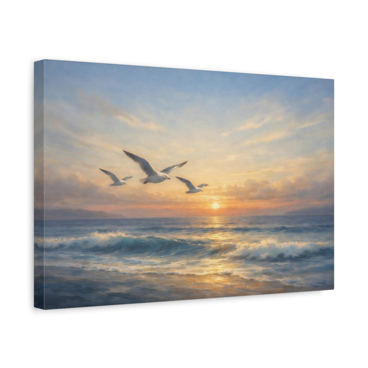 Side Mockup 4. Nature Seagulls Coastal Sunset shown as stretched canvas wall art