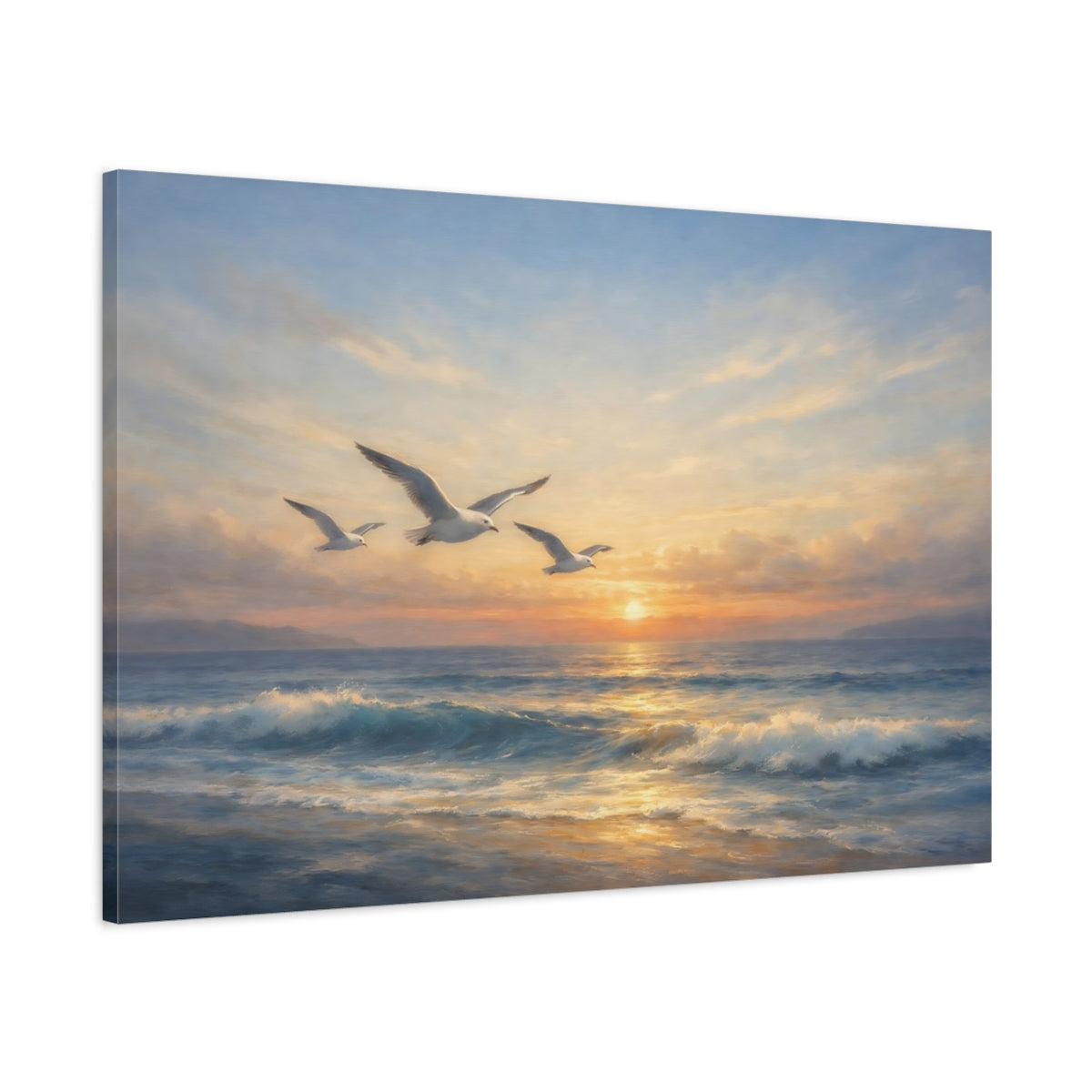 Side Mockup 1. Nature Seagulls Coastal Sunset shown as stretched canvas wall art
