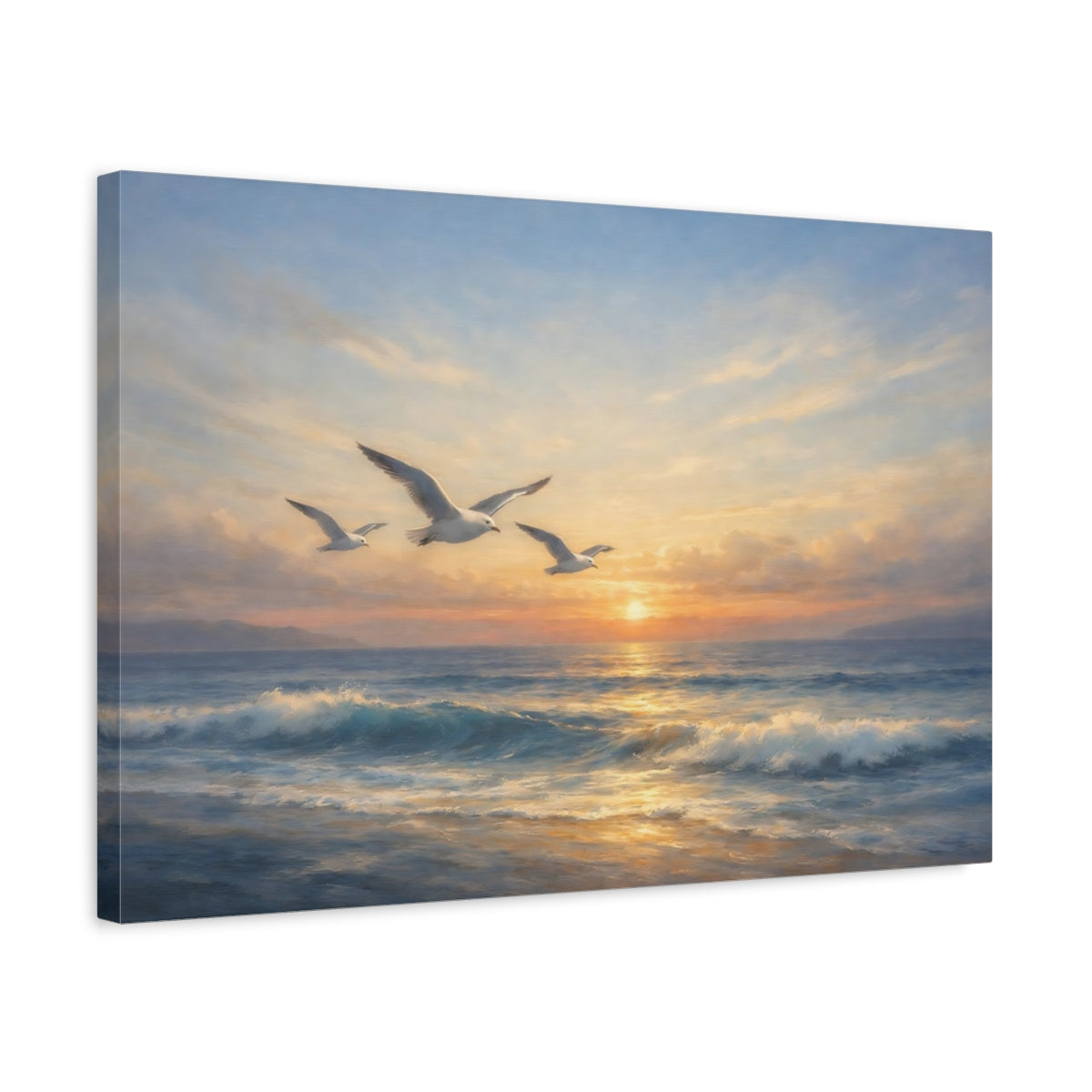Side Mockup 3. Nature Seagulls Coastal Sunset shown as stretched canvas wall art