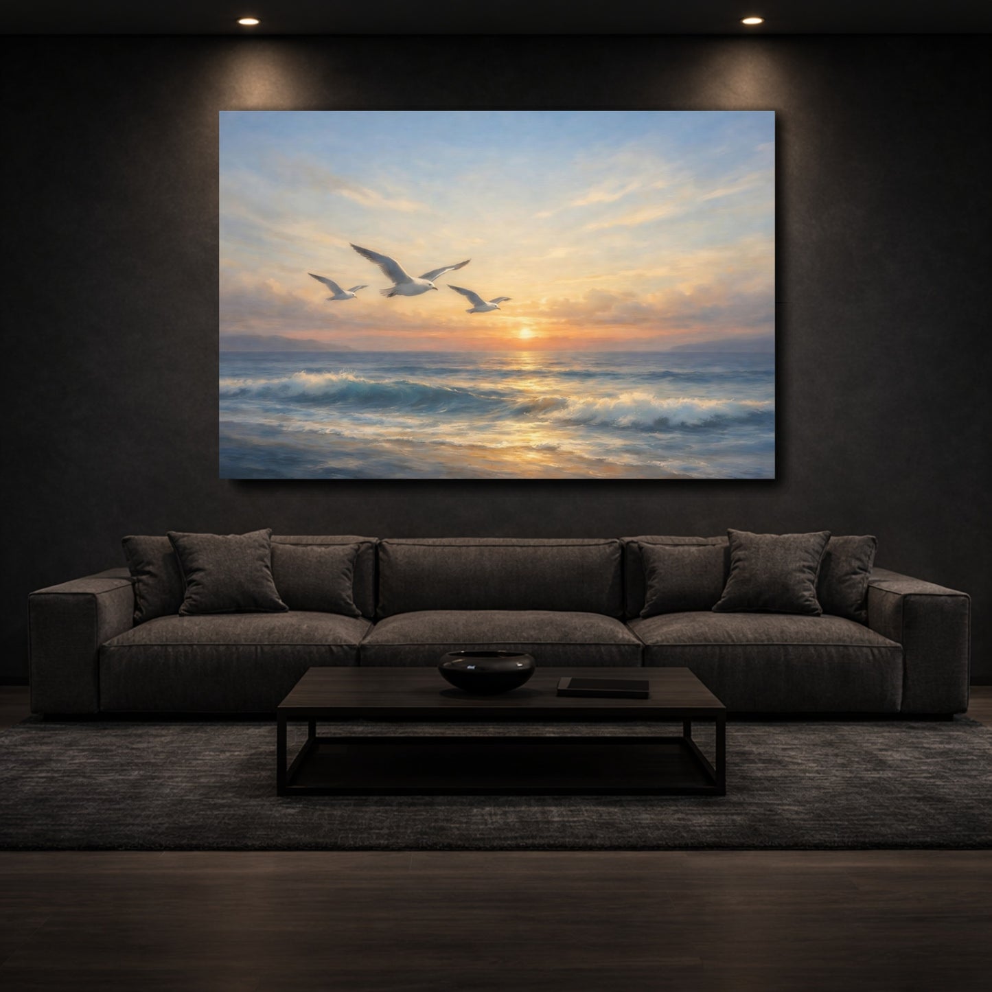 Mockup 2. Nature Seagulls Coastal Sunset shown as stretched canvas wall art