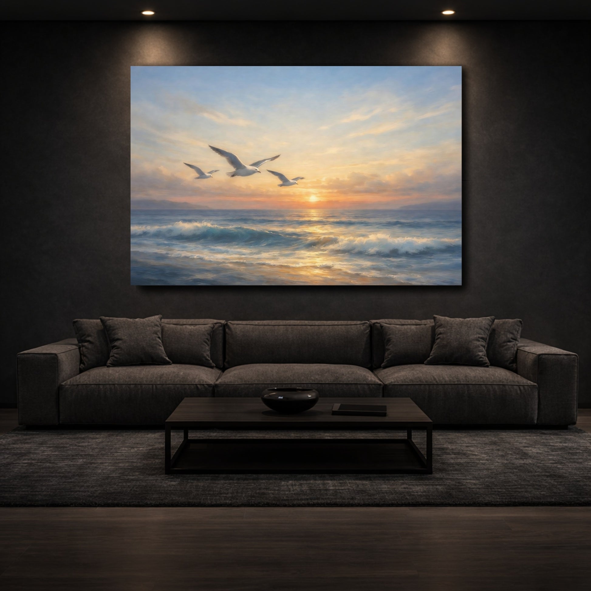 Mockup 2. Nature Seagulls Coastal Sunset shown as stretched canvas wall art