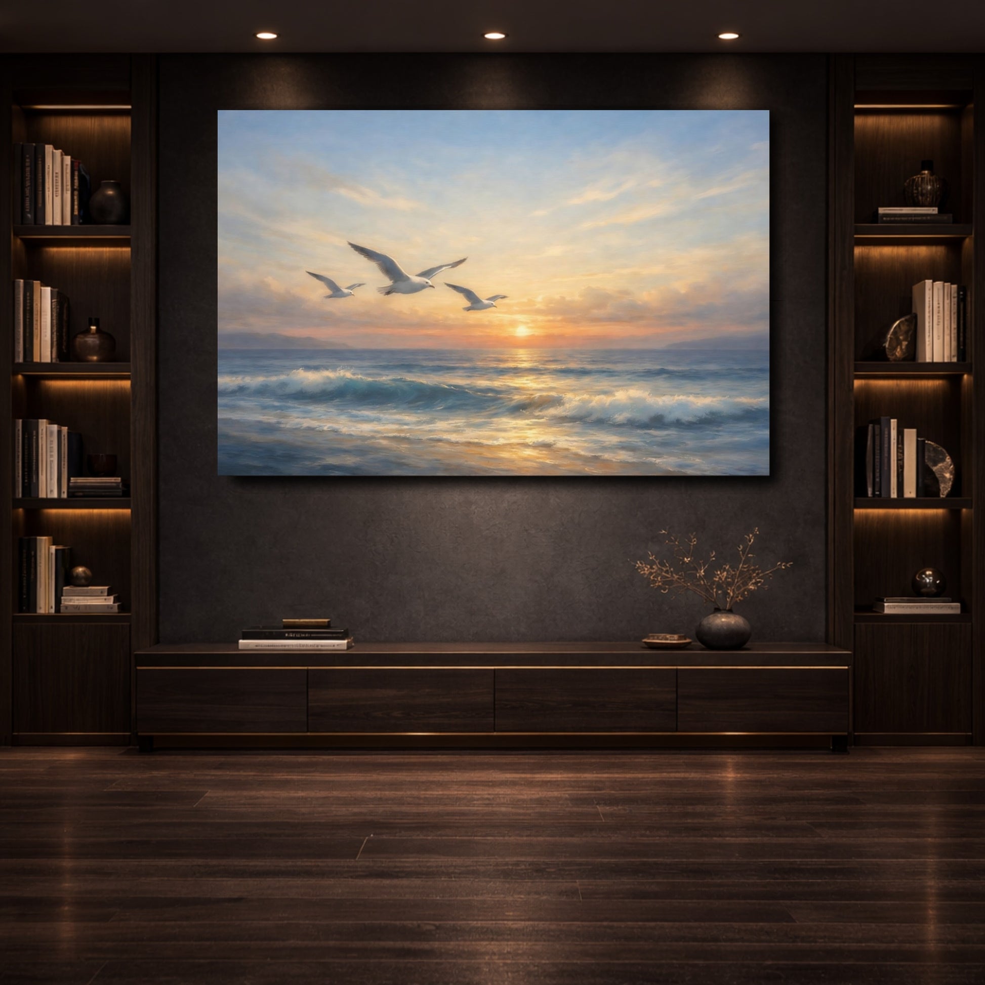 Mockup 3. Nature Seagulls Coastal Sunset shown as stretched canvas wall art